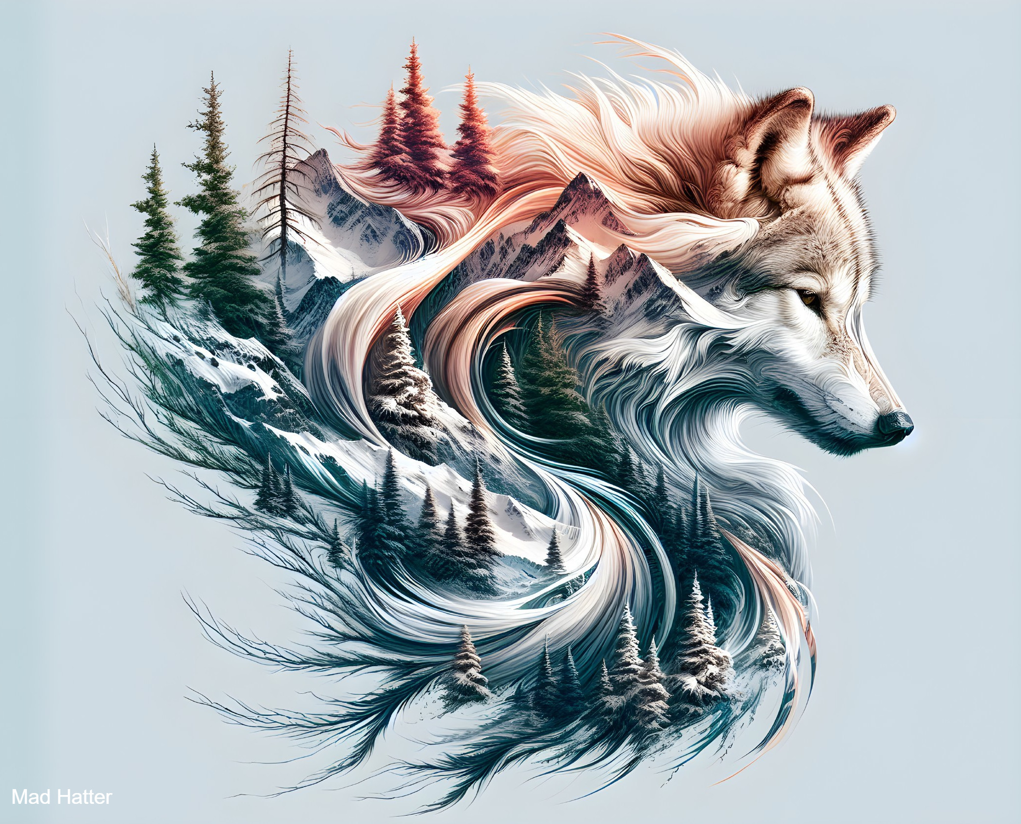 Wolf's Head Blended with Nature's Landscapes