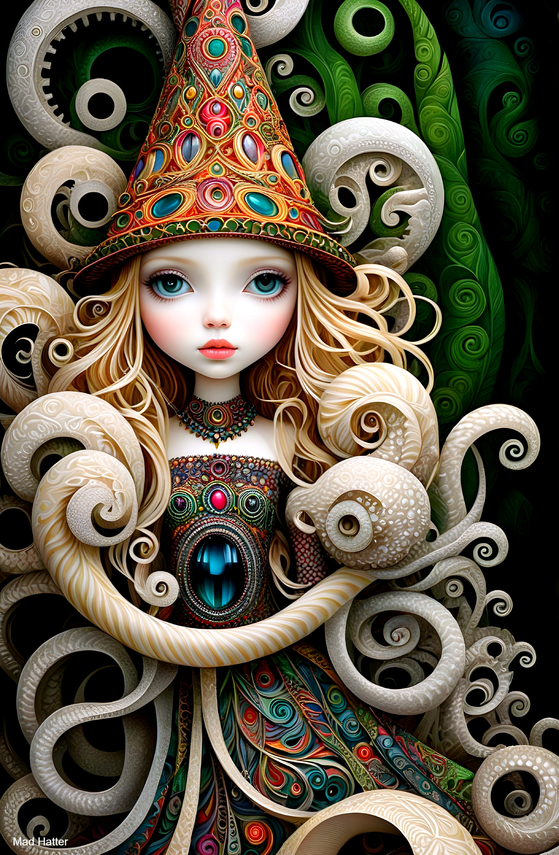 Whimsical figure with ornate hat and octopus tentacles