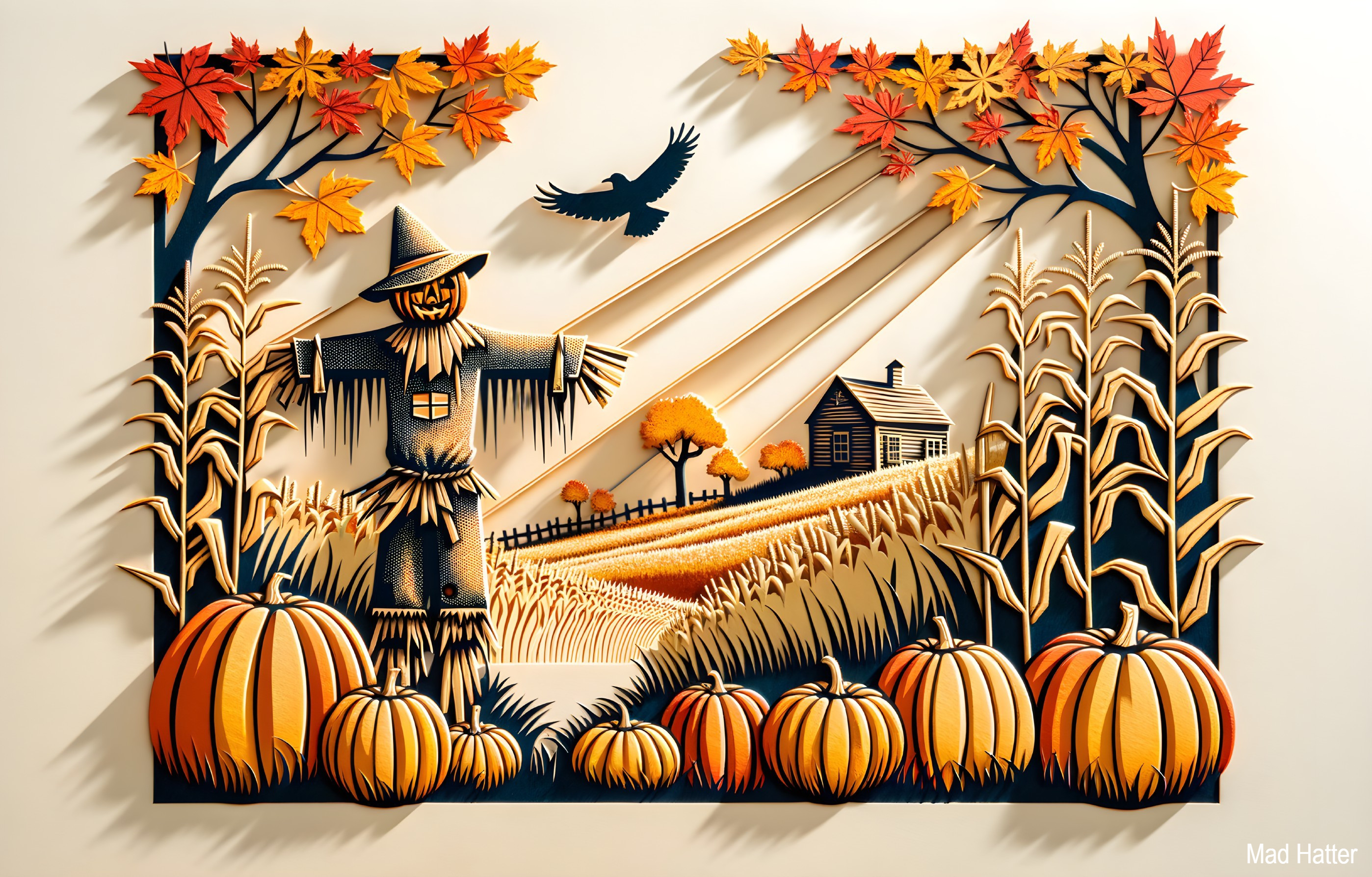 Autumn Scene with Scarecrow and Farmhouse Details