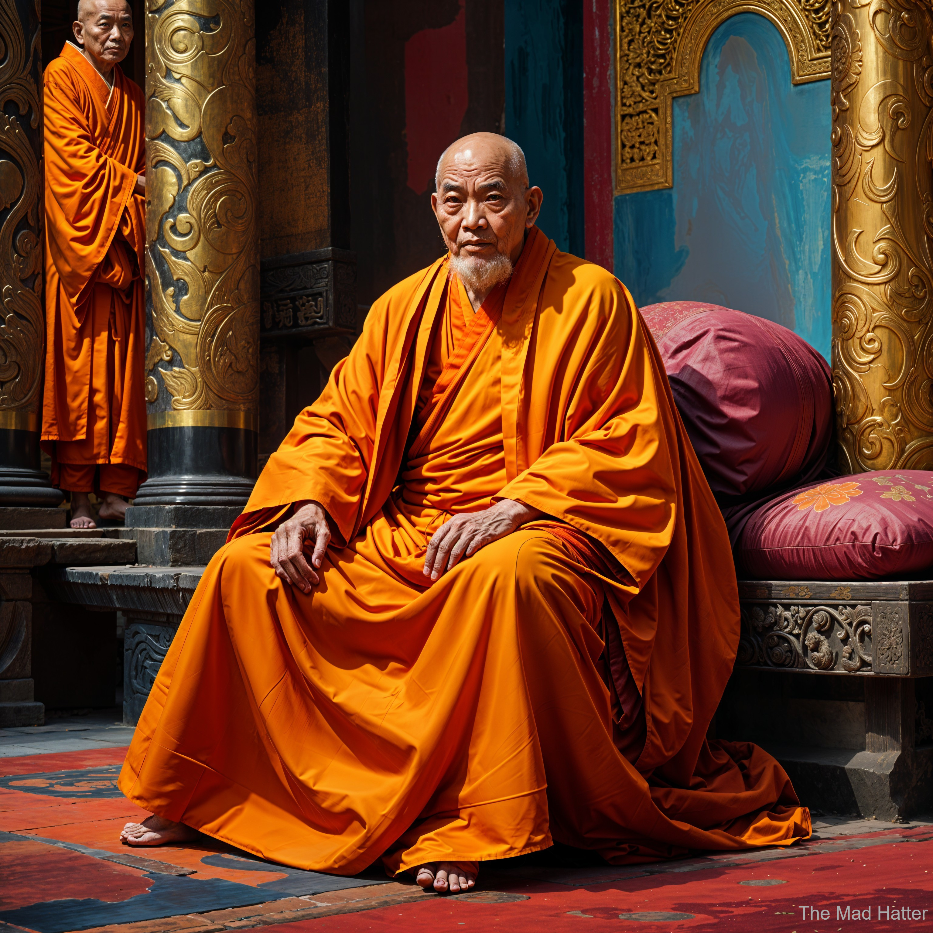 Monk in Orange Robes in Ornate Temple Setting