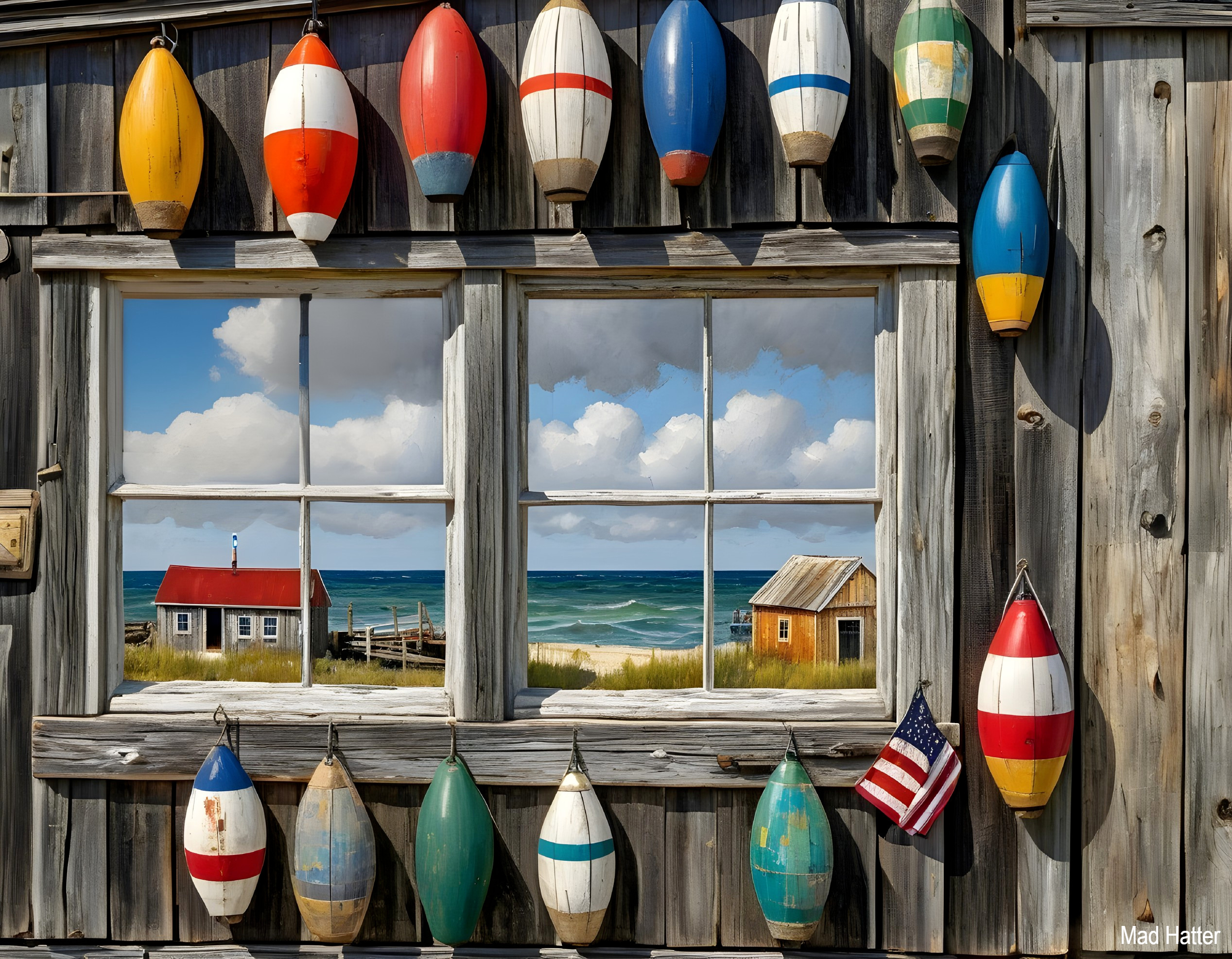 Rustic Wooden Wall with Fishing Buoys and Seascape Views