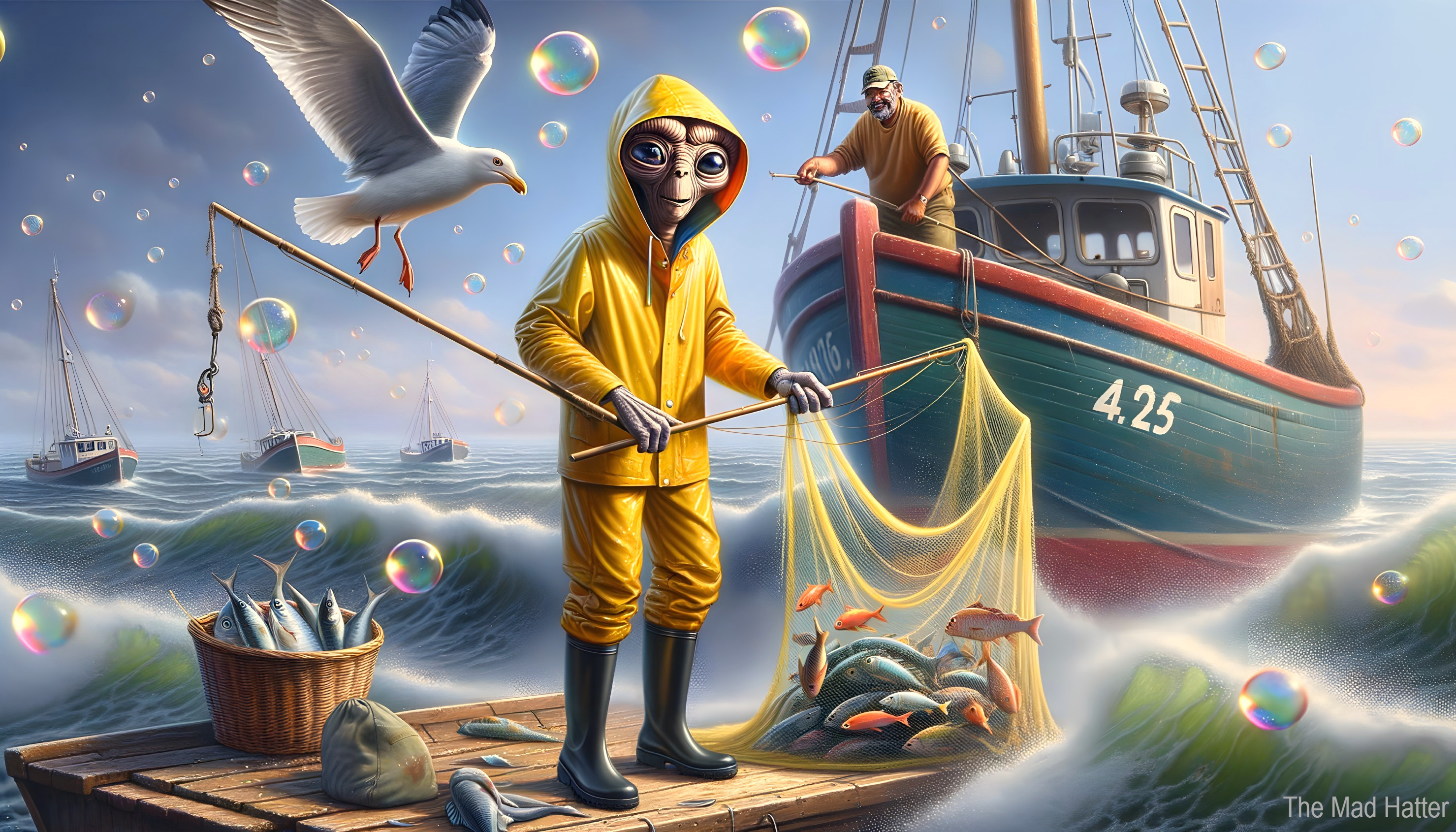 Fisherman in Yellow Raincoat on a Whimsical Dock
