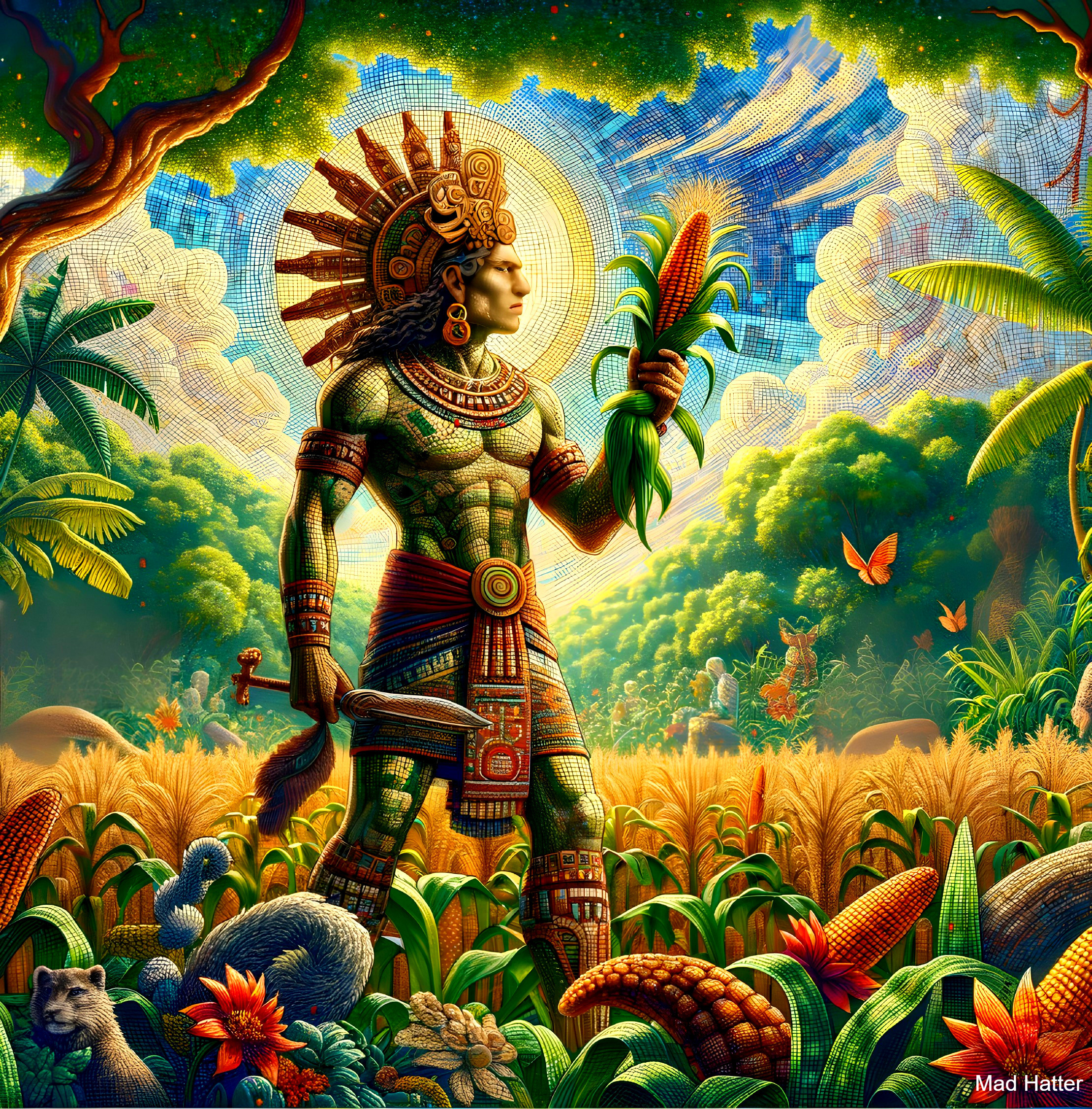 Majestic Figure in Lush Mesoamerican Landscape