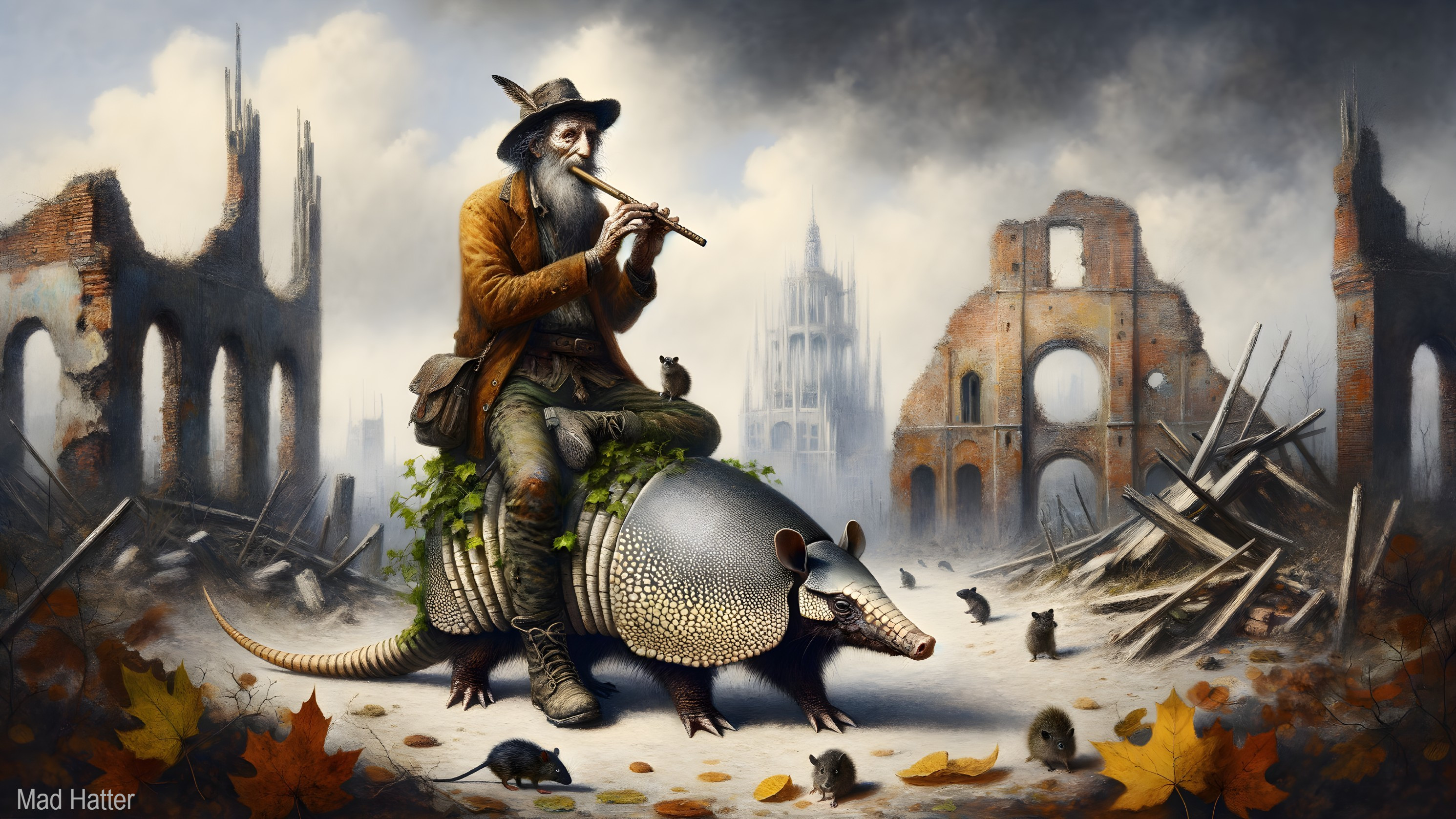 Whimsical Minstrel on Giant Armadillo in Ruins