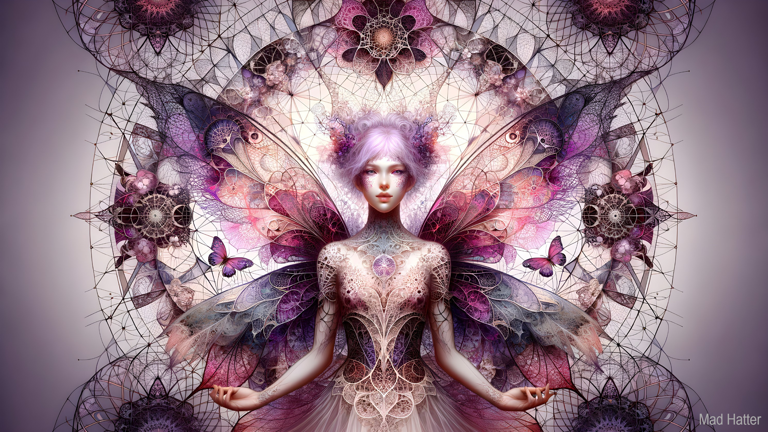 Fantastical figure with ethereal wings in geometric scene