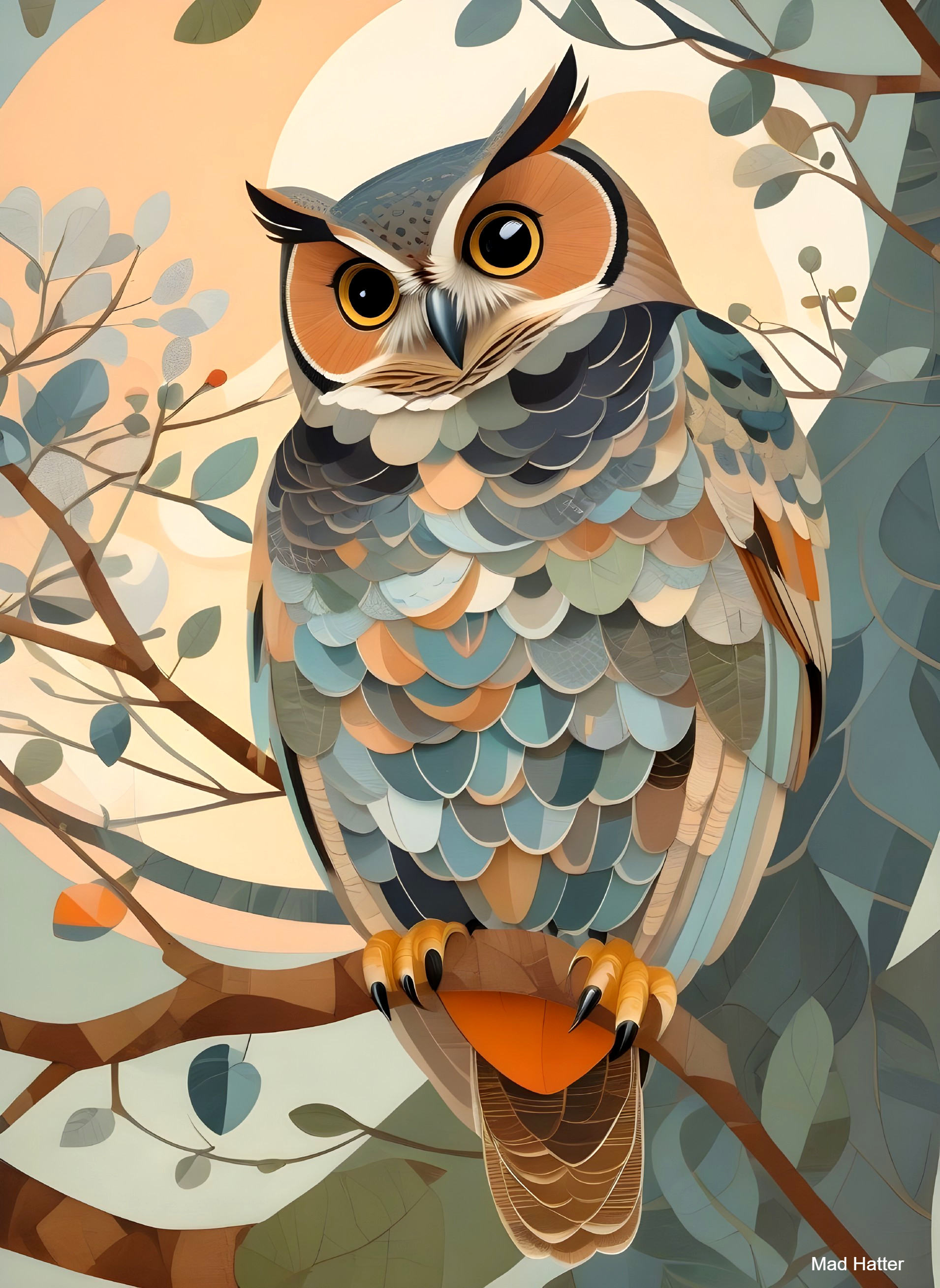 Stylized Owl on Branch with Abstract Foliage Background