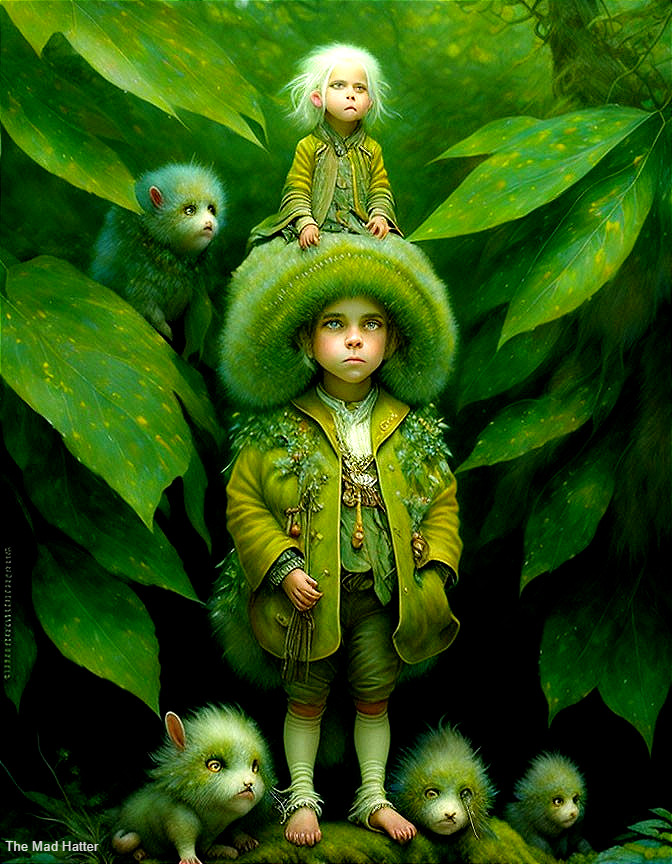 Whimsical Woodland Scene with Boy and Magical Creatures