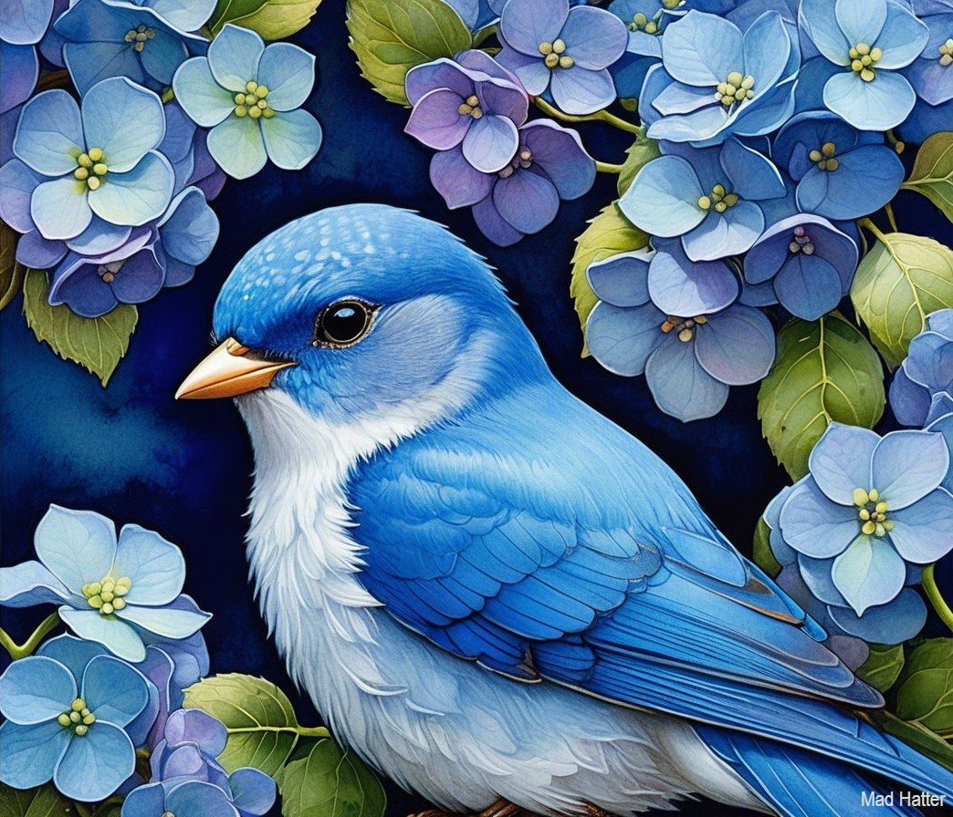 Blue Bird Among Blue Hydrangeas in Serene Setting