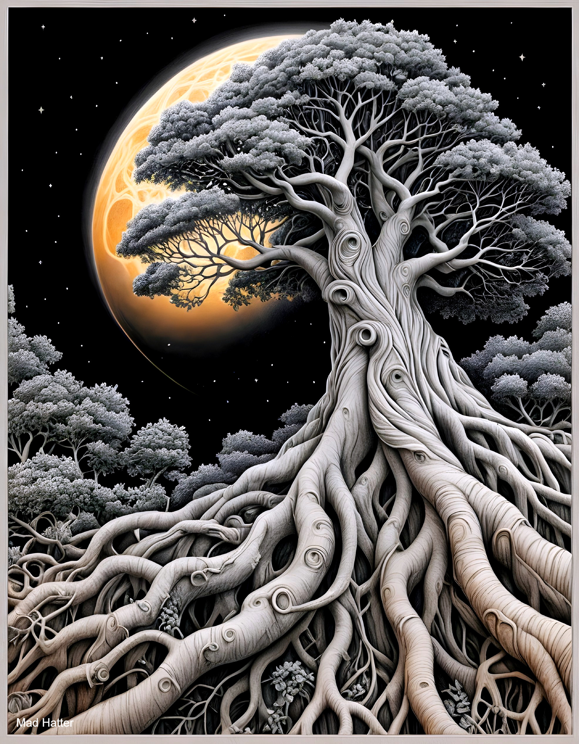 Majestic tree with roots and leaves under a moonlit sky