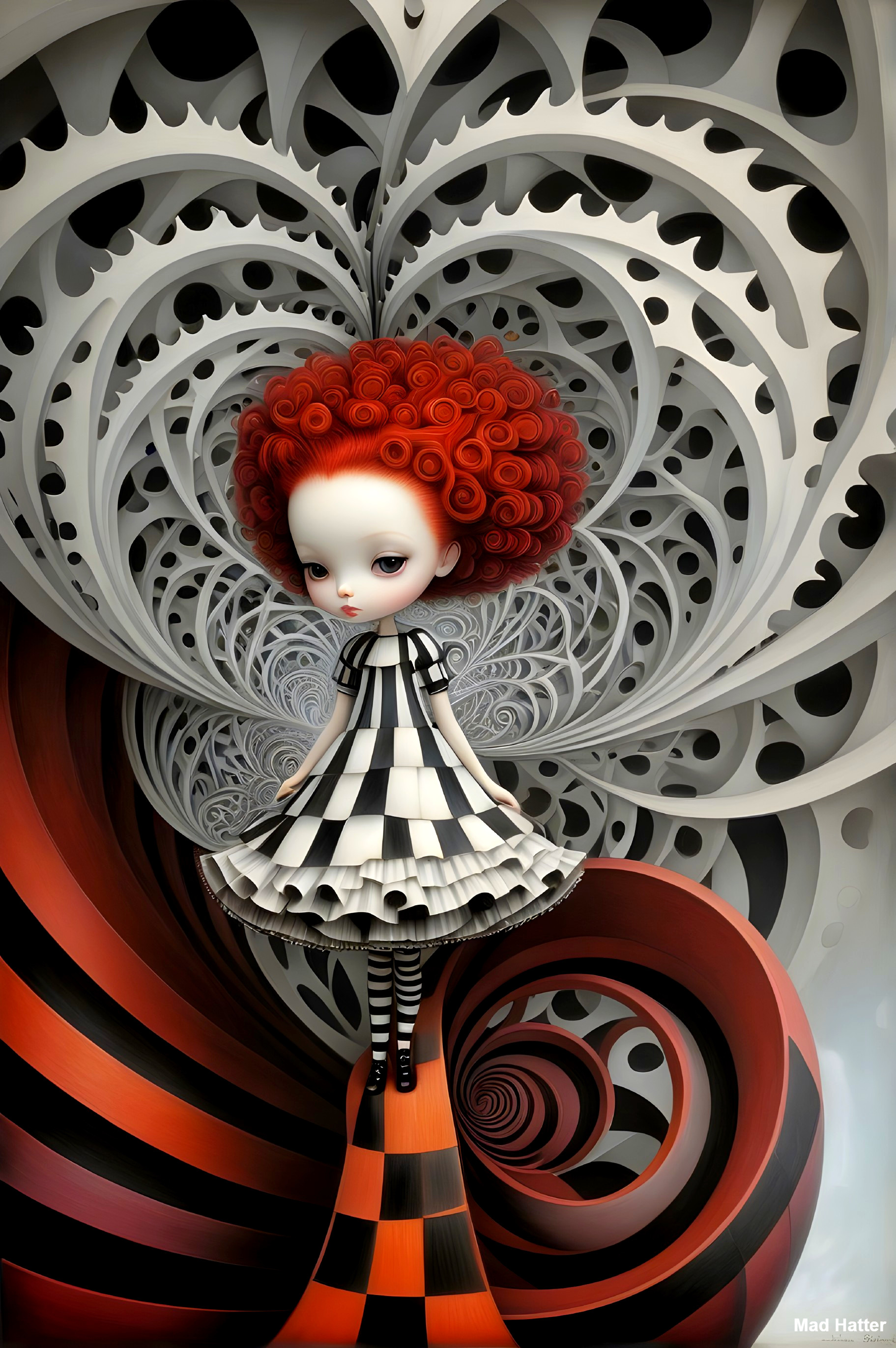 Whimsical Figure in Checkered Dress with Spiraled Hair