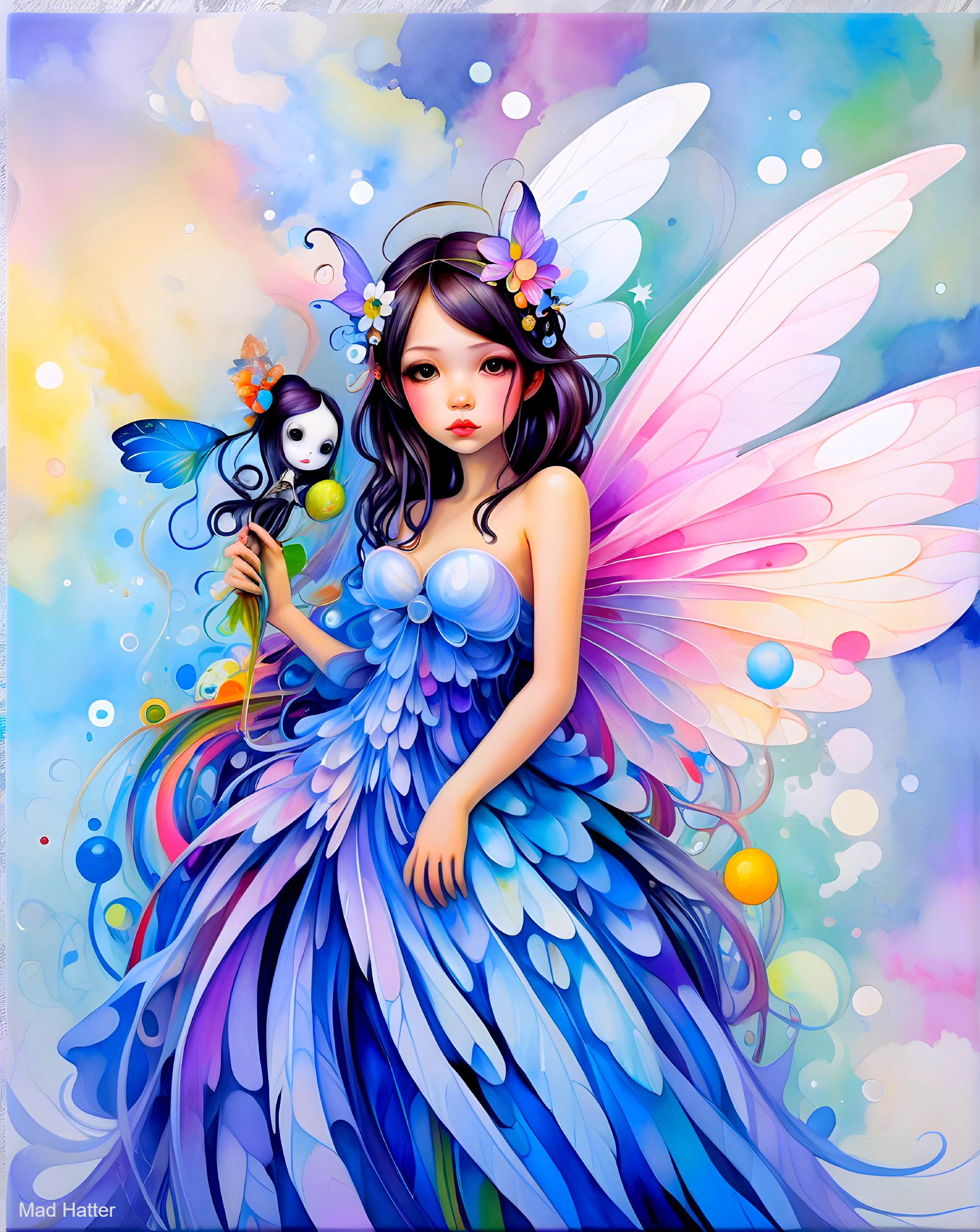Whimsical Fairy in Dreamlike Setting with Colorful Staff