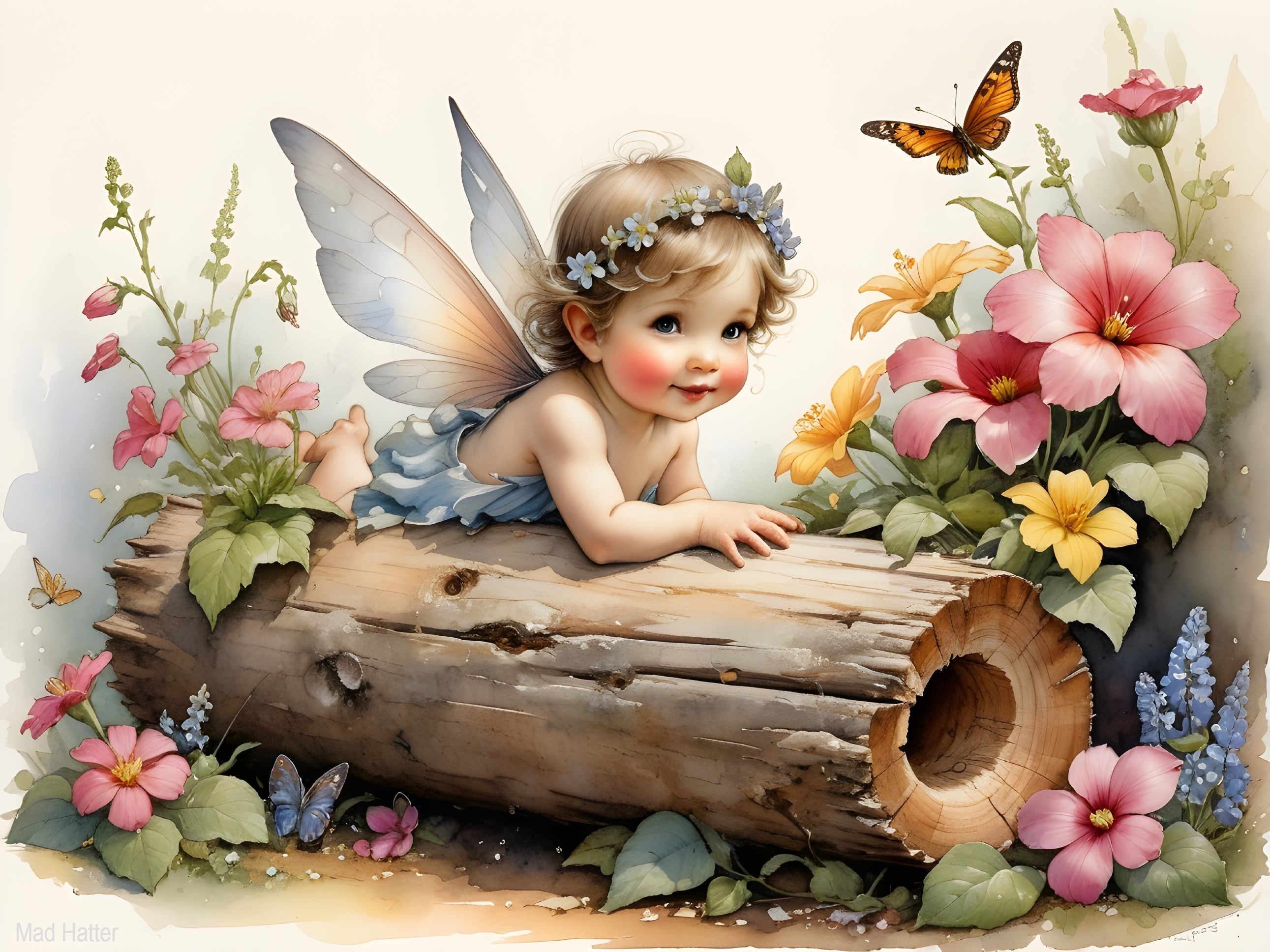 Toddler in Fairy Wings Surrounded by Flowers and Butterflies