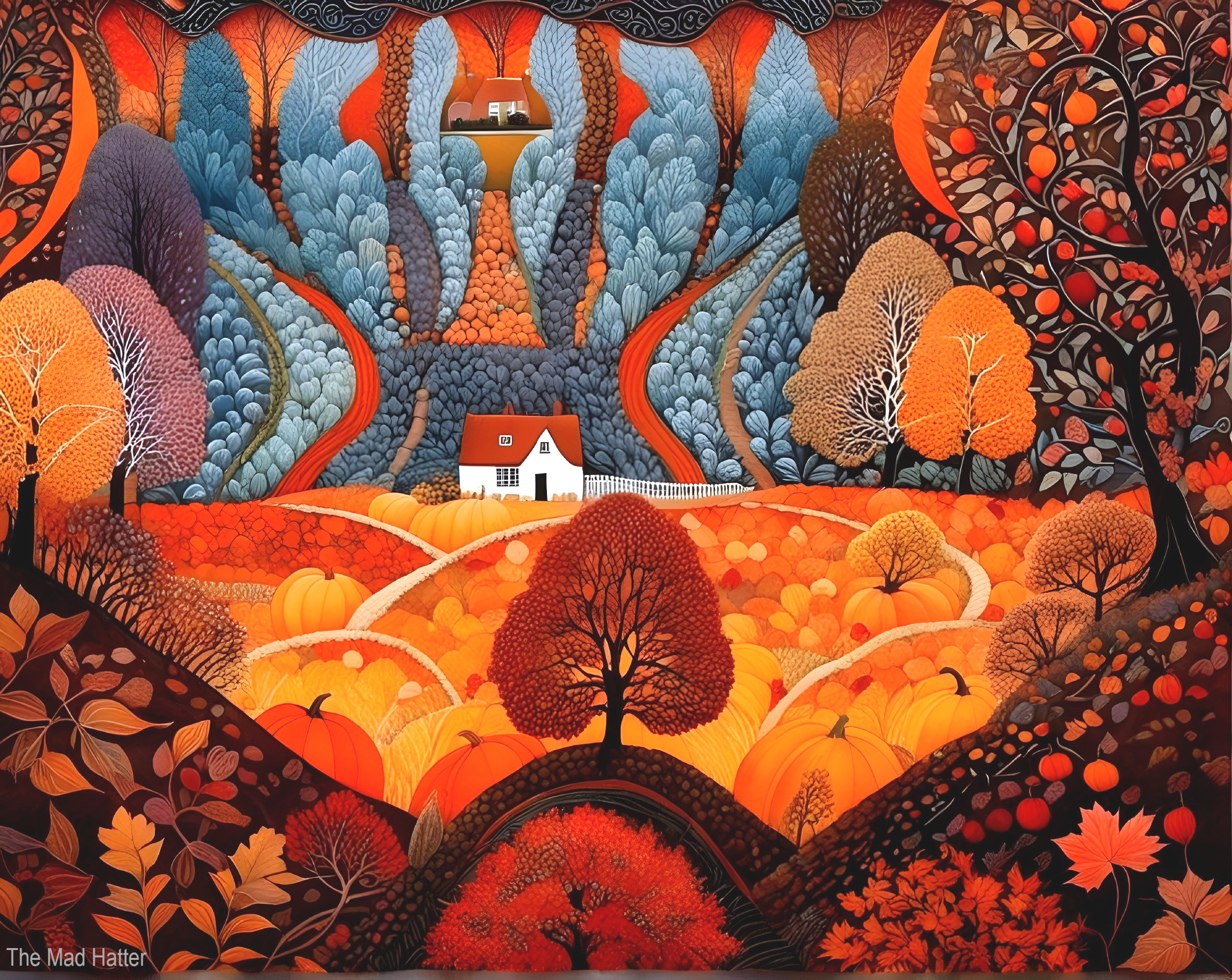 Vibrant Autumn Landscape with Pumpkins and Foliage