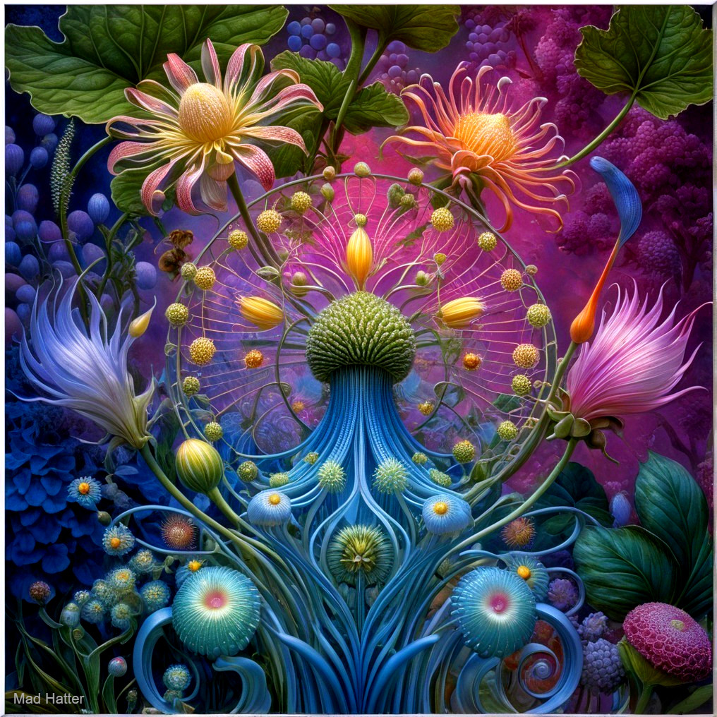 Surreal Floral Composition with Vibrant Colors and Patterns