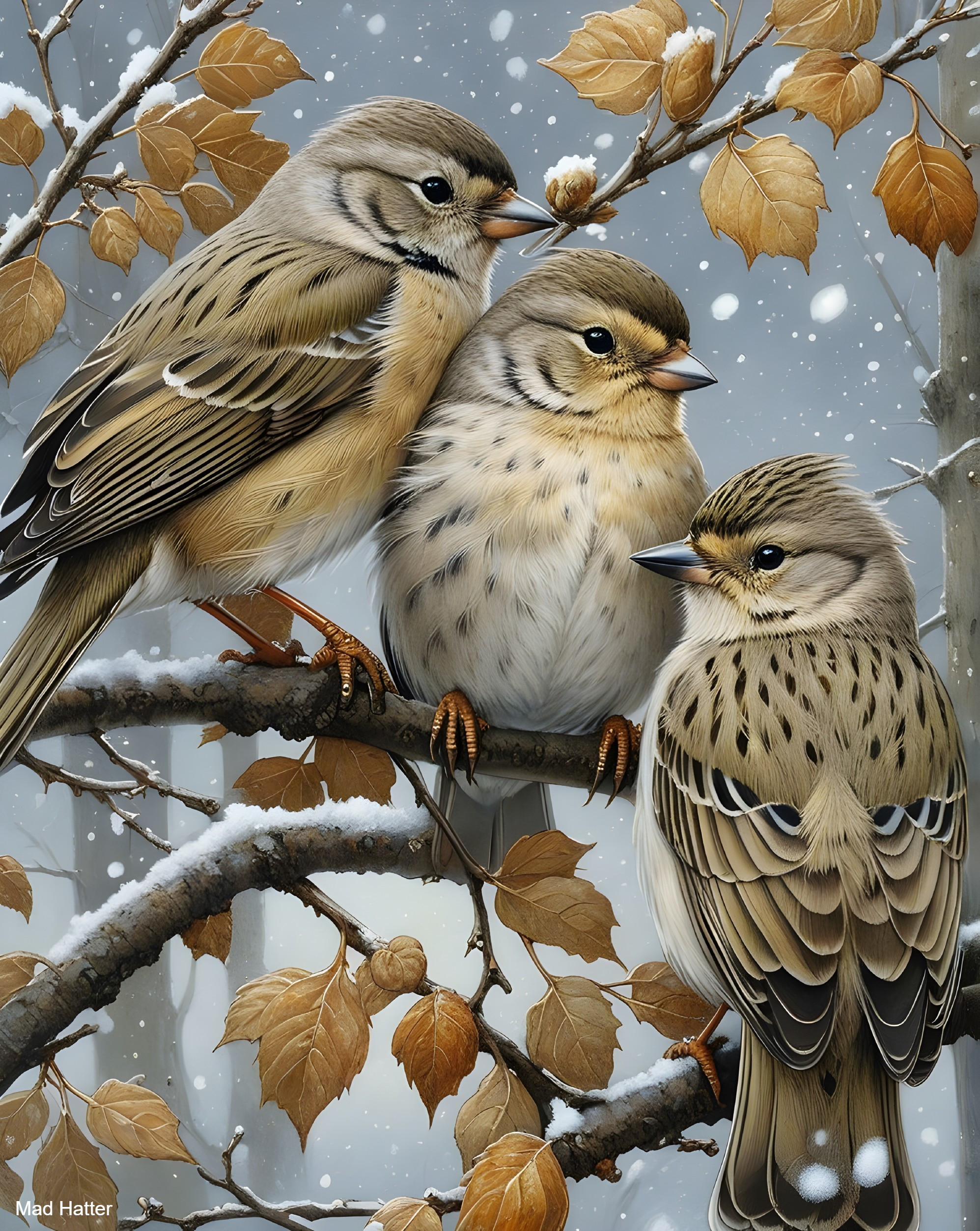 Charming Birds on a Snowy Branch with Autumn Leaves