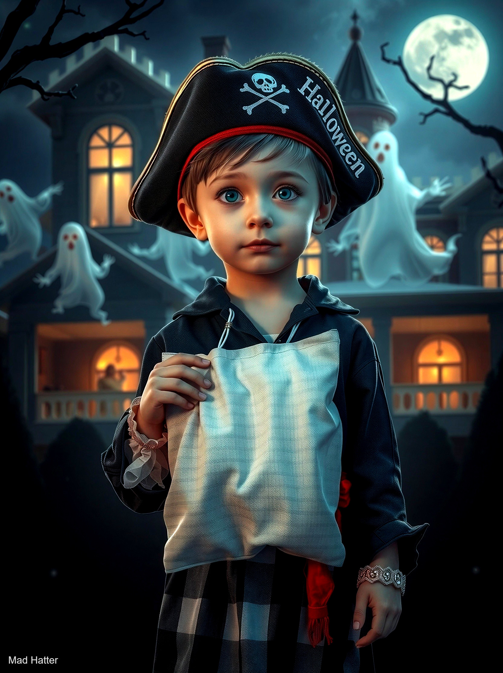 Child in Pirate Costume by Haunted House at Night