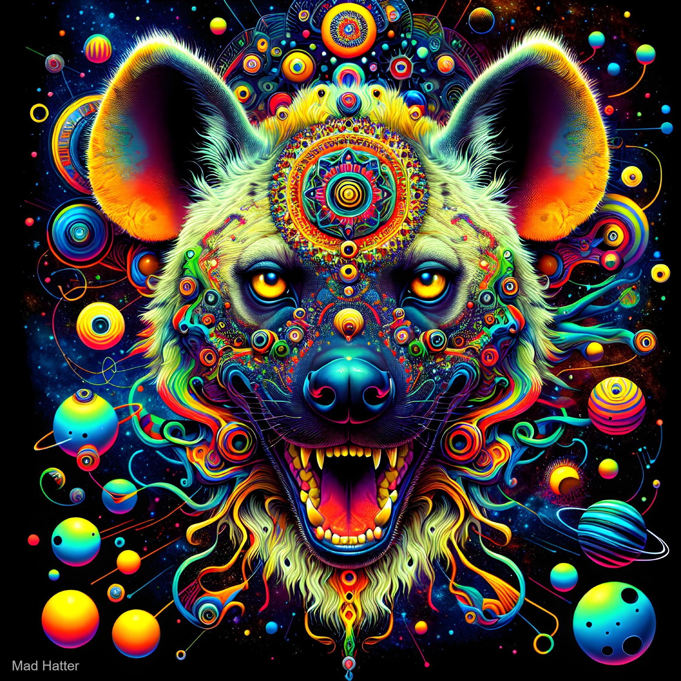Psychedelic Hyena Head with Cosmic Patterns and Colors
