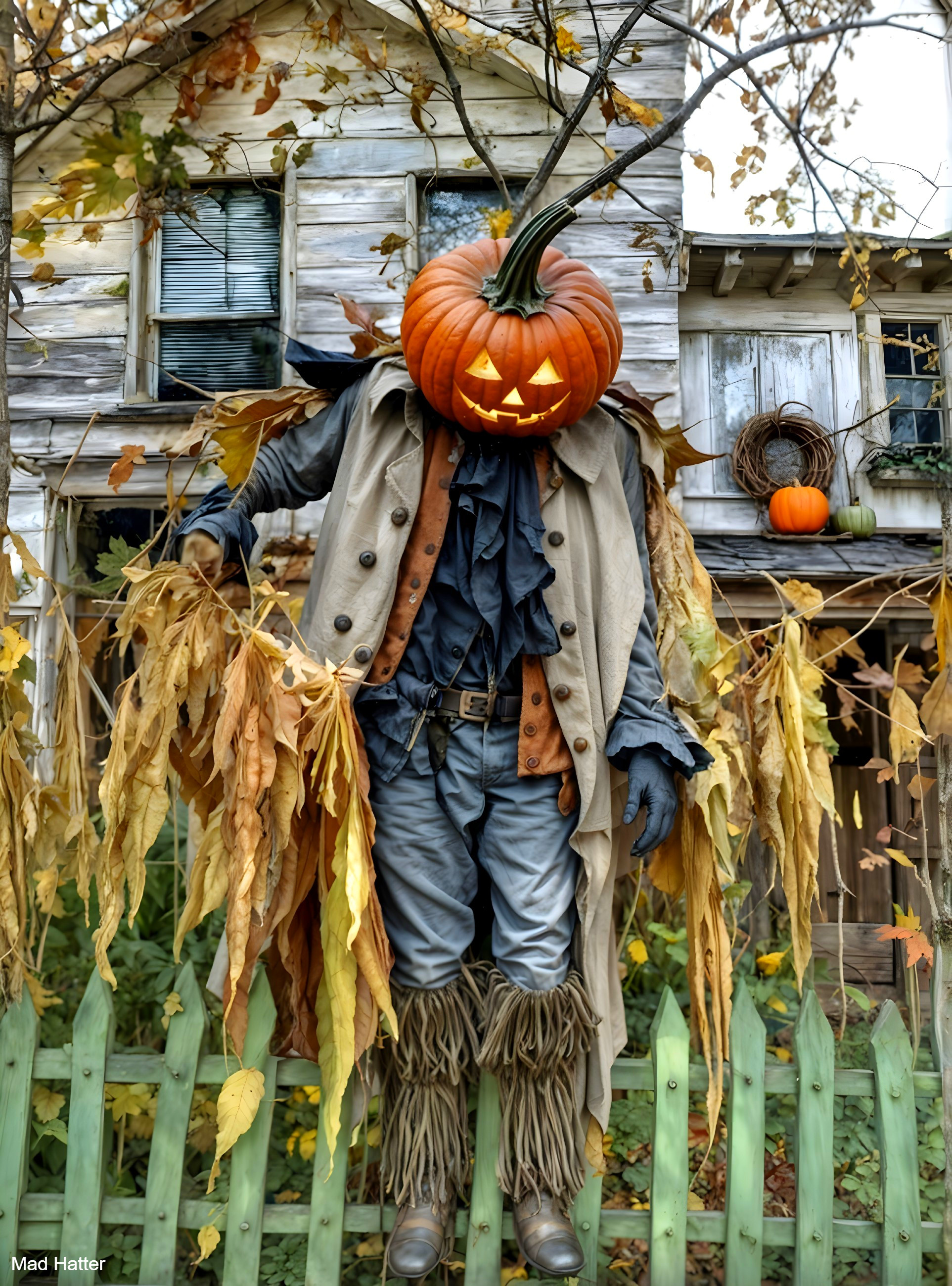 Whimsical Scarecrow with Pumpkin Head in Autumn Setting