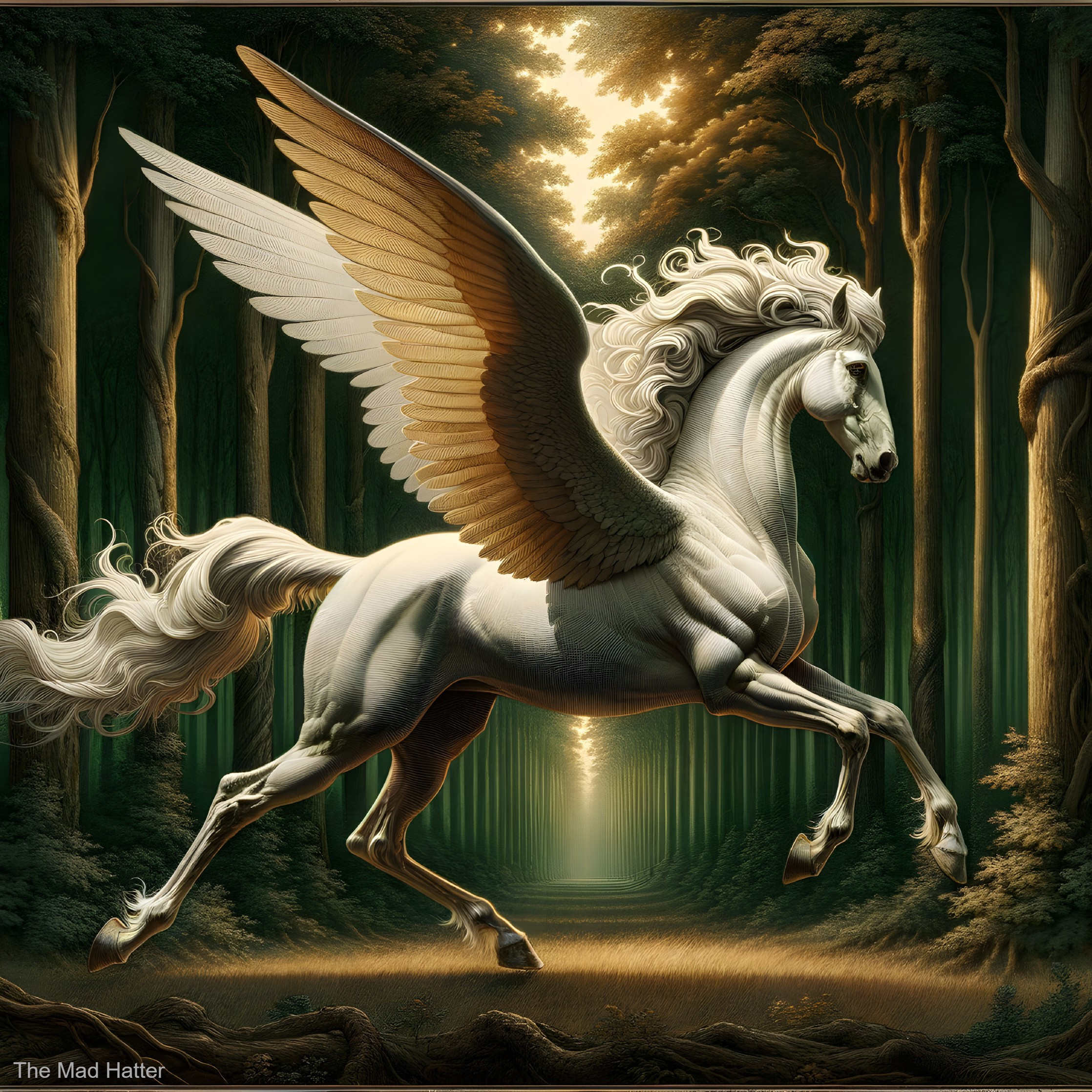 White Pegasus Galloping in Enchanted Forest
