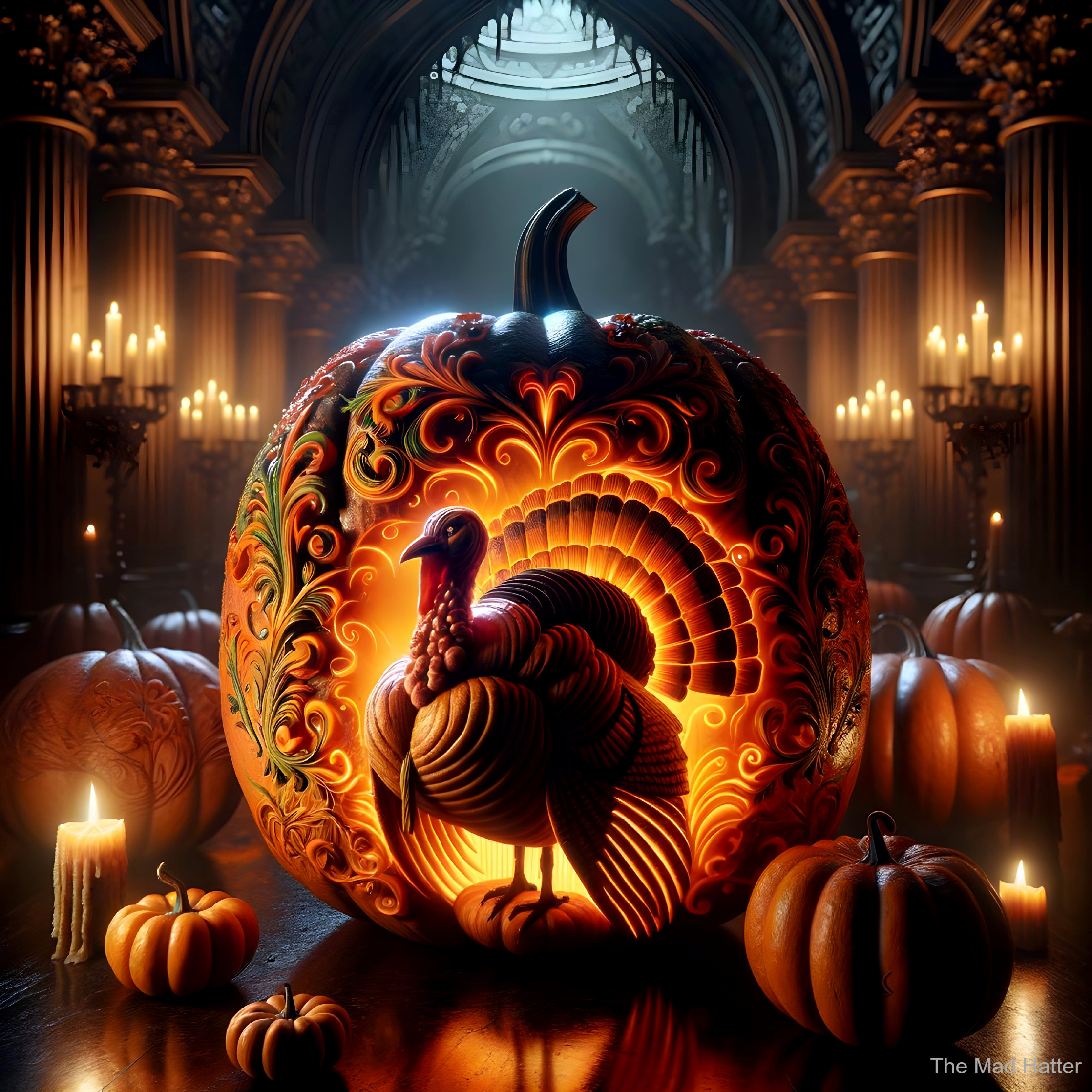 Intricate Turkey Design in a Carved Pumpkin Display