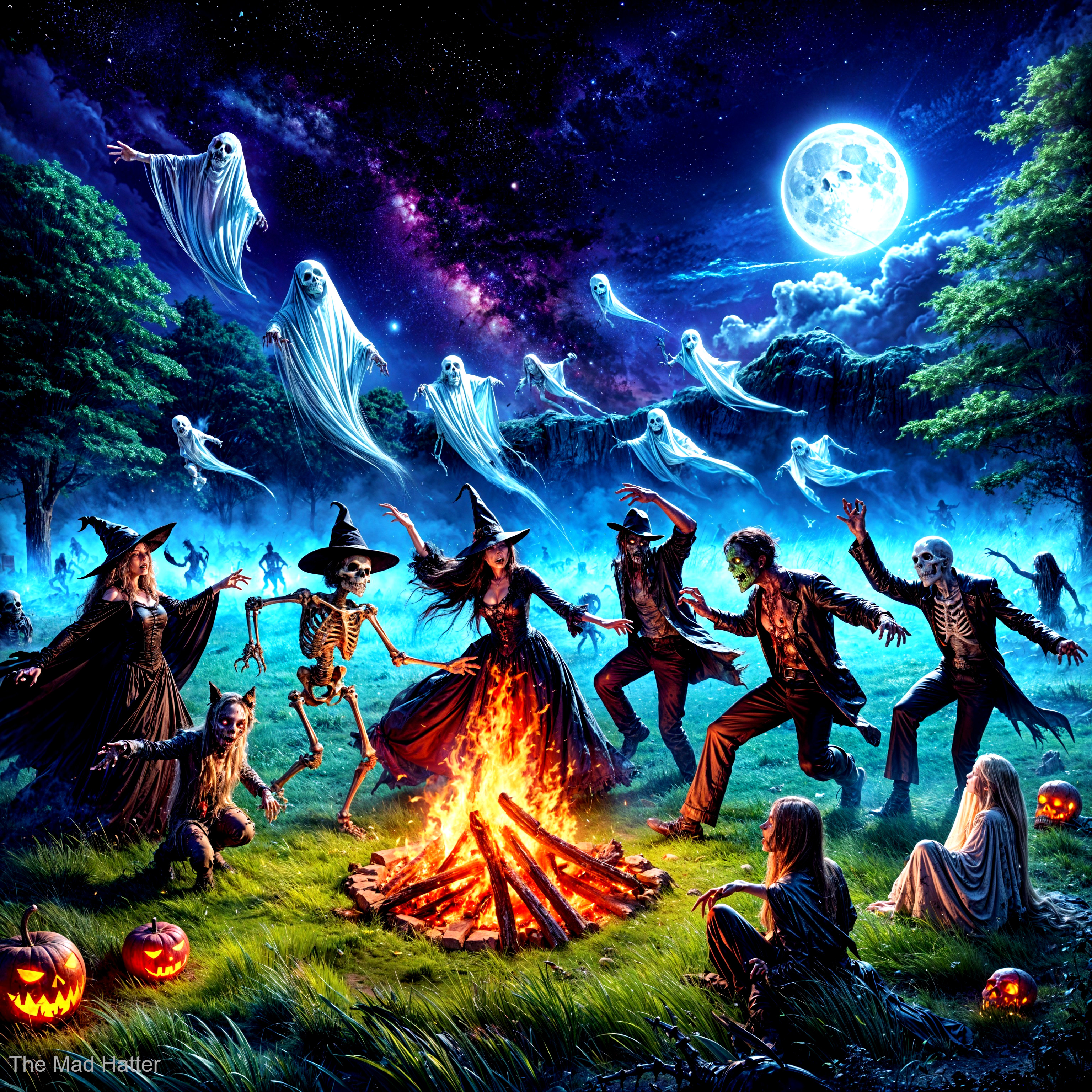 Halloween Celebration with Witches and Ghostly Figures