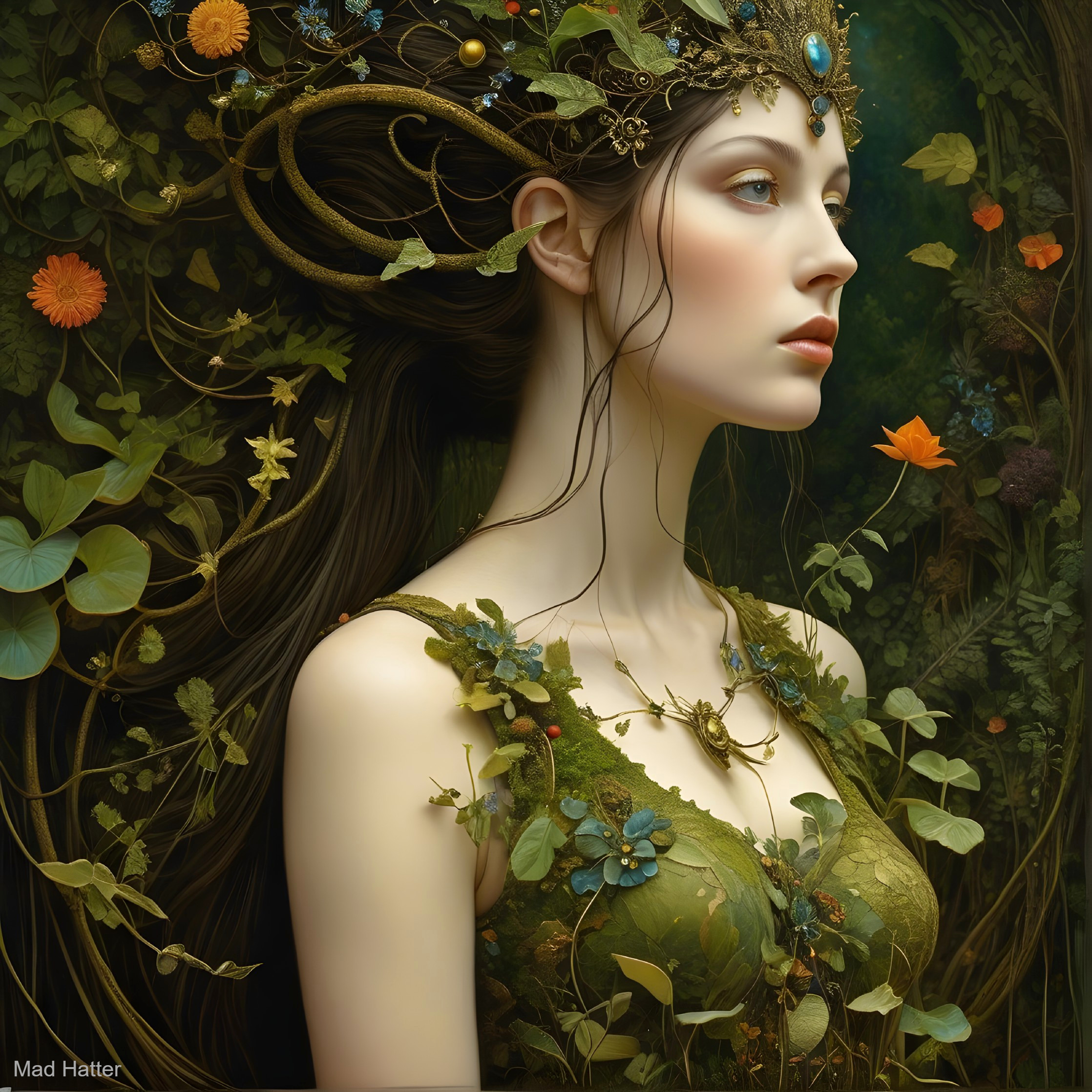 Serene Woman in Green Gown Surrounded by Nature