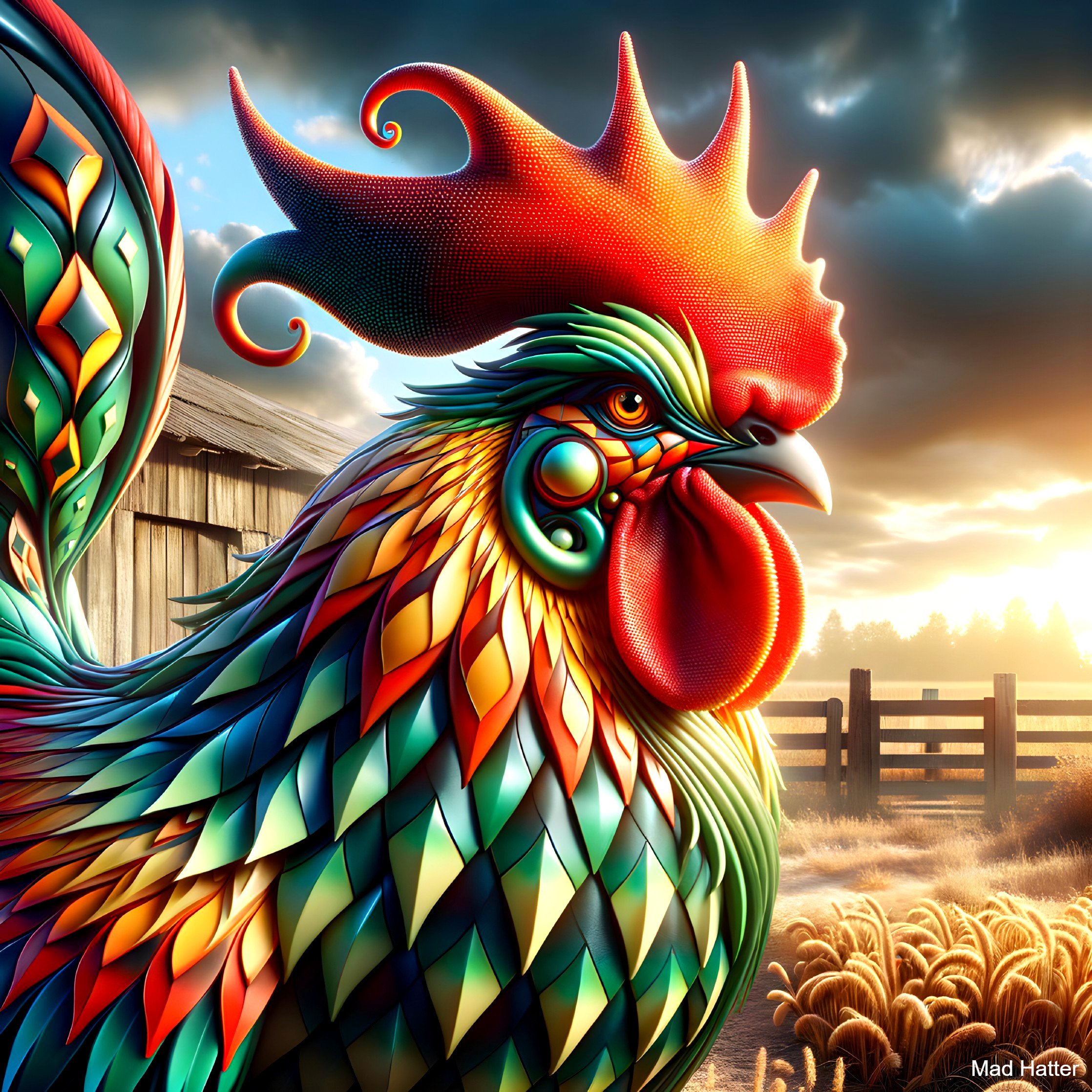 Colorful Rooster with Geometric Patterns in Pastoral Scene