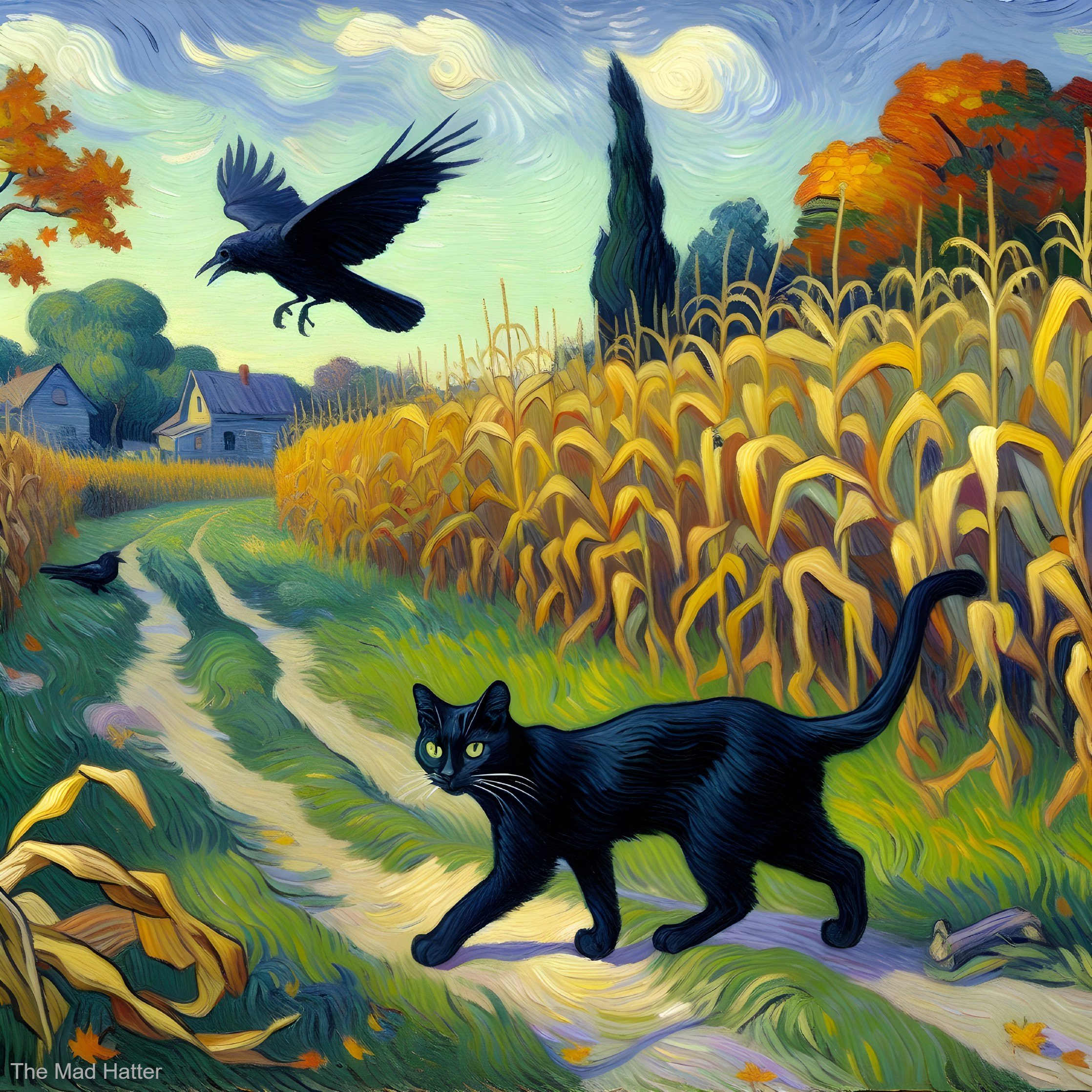 Black Cat Walking Through Autumn Cornfields Scene