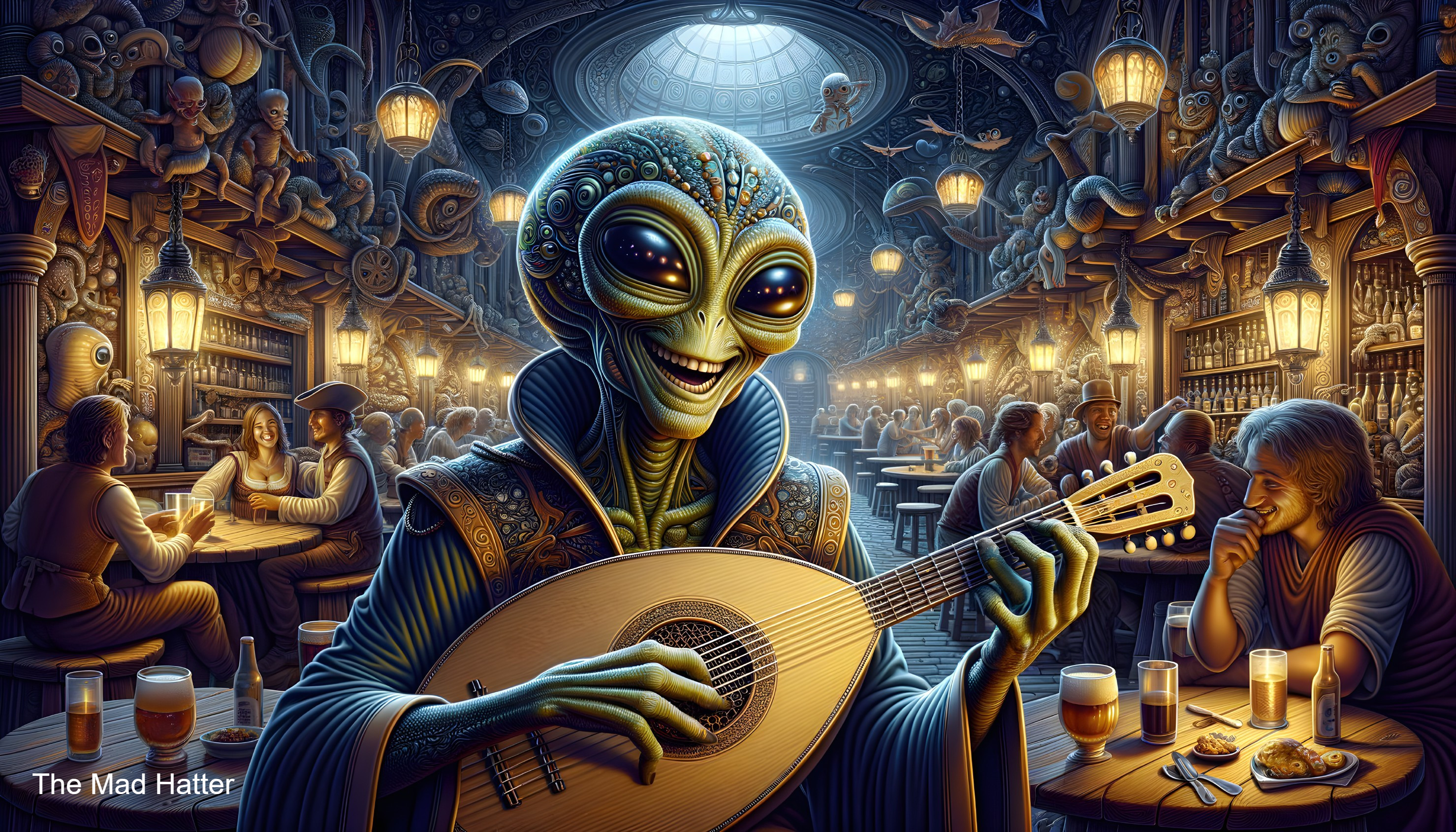 Alien Playing Lute in Lively Tavern Scene