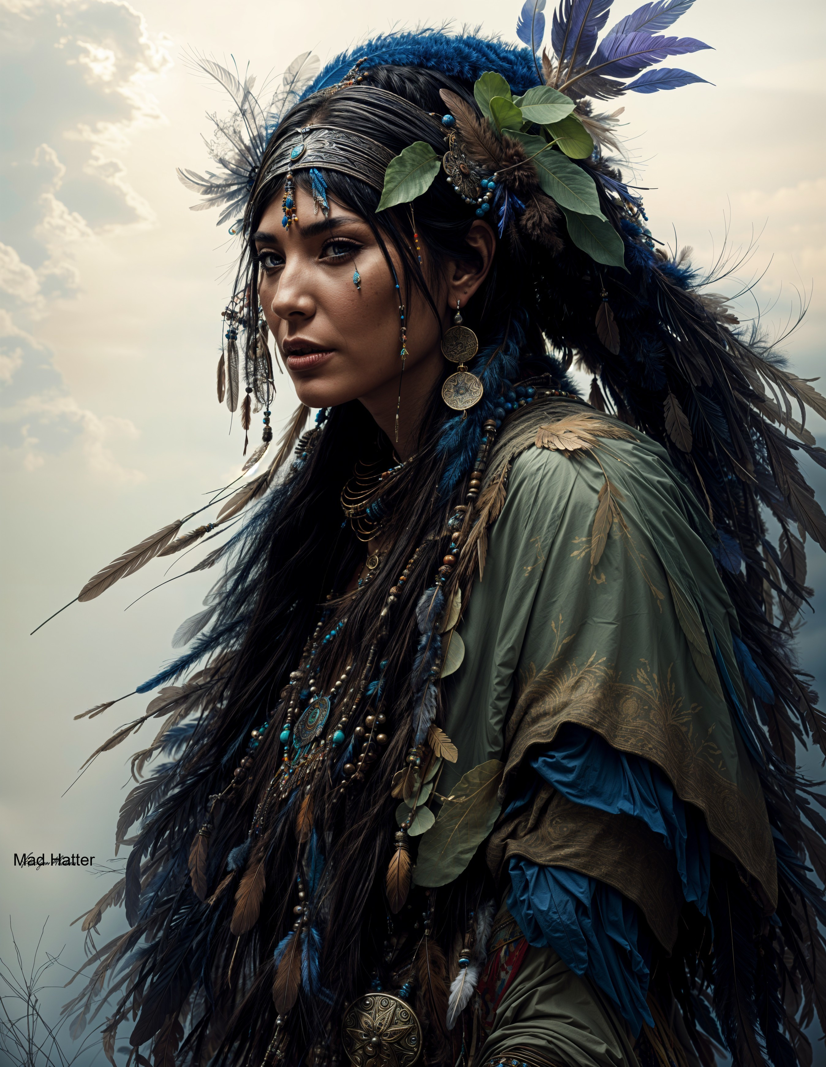 Portrait of a woman with feathers and natural elements