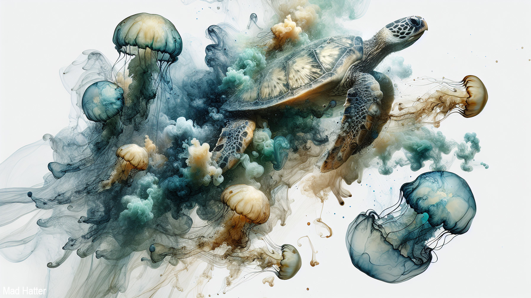 Underwater Scene with Turtle and Colorful Jellyfish