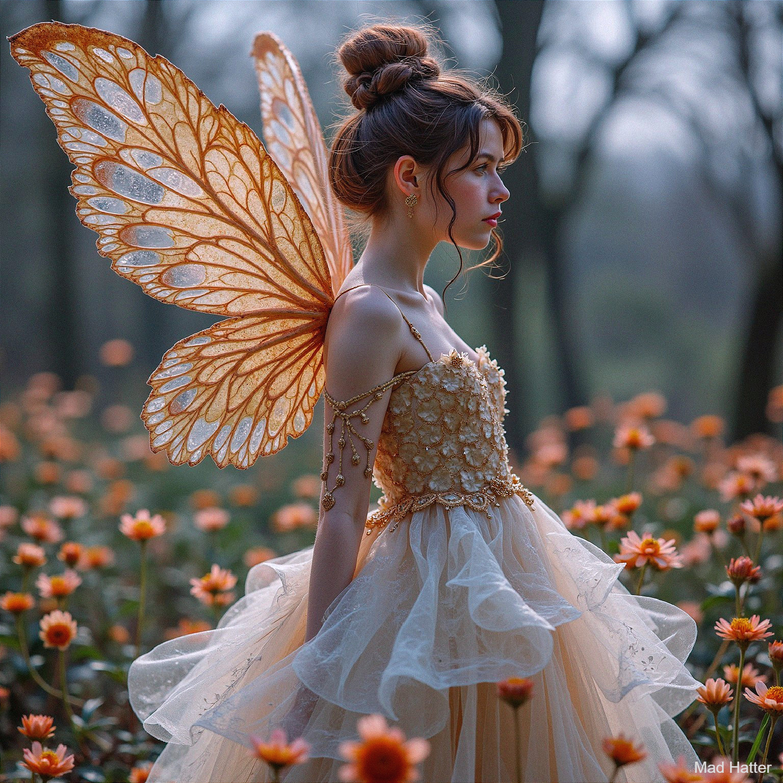 Young woman in gown with butterfly wings in flower field