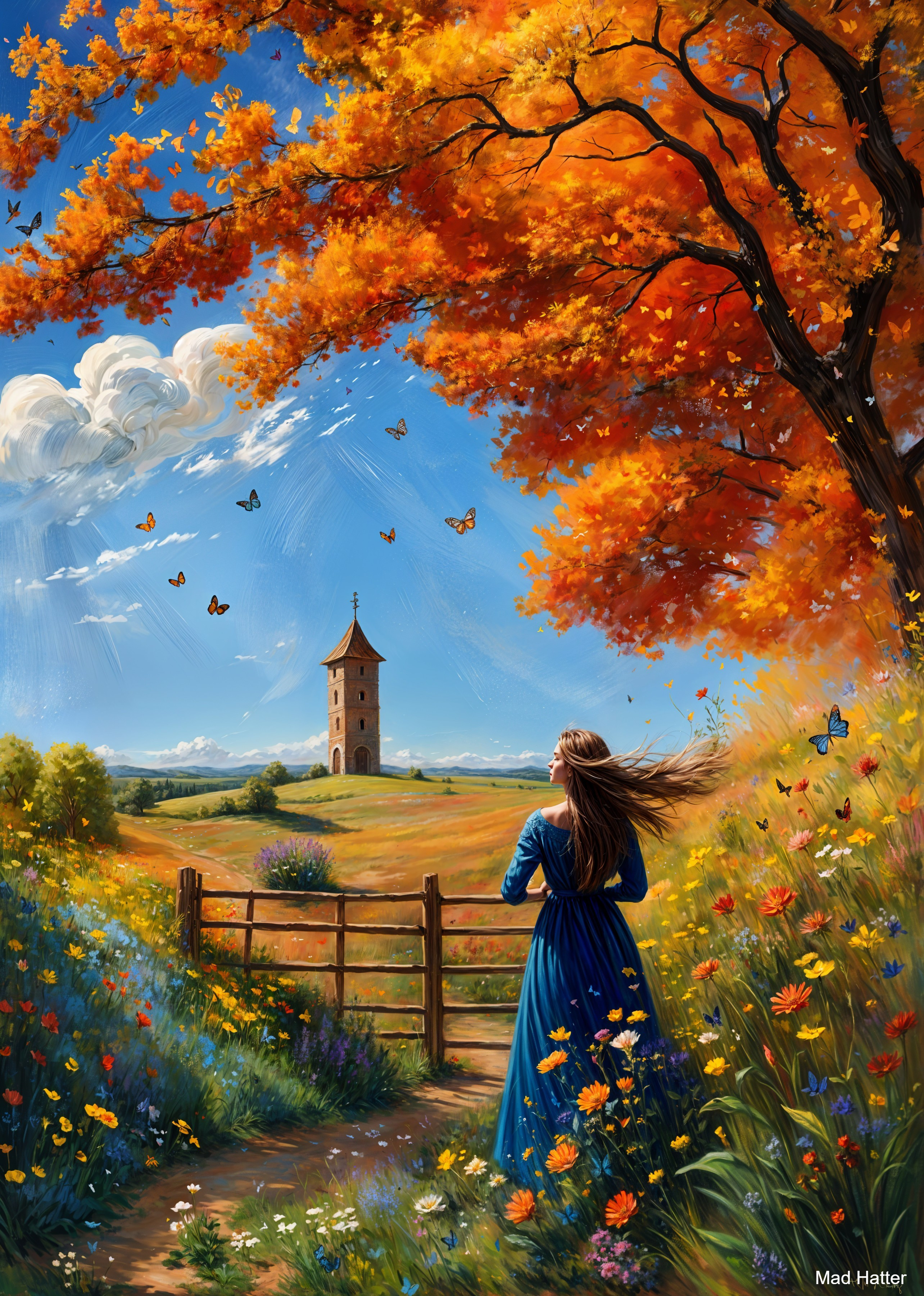 Autumn Landscape with Woman in Blue Dress and Tower