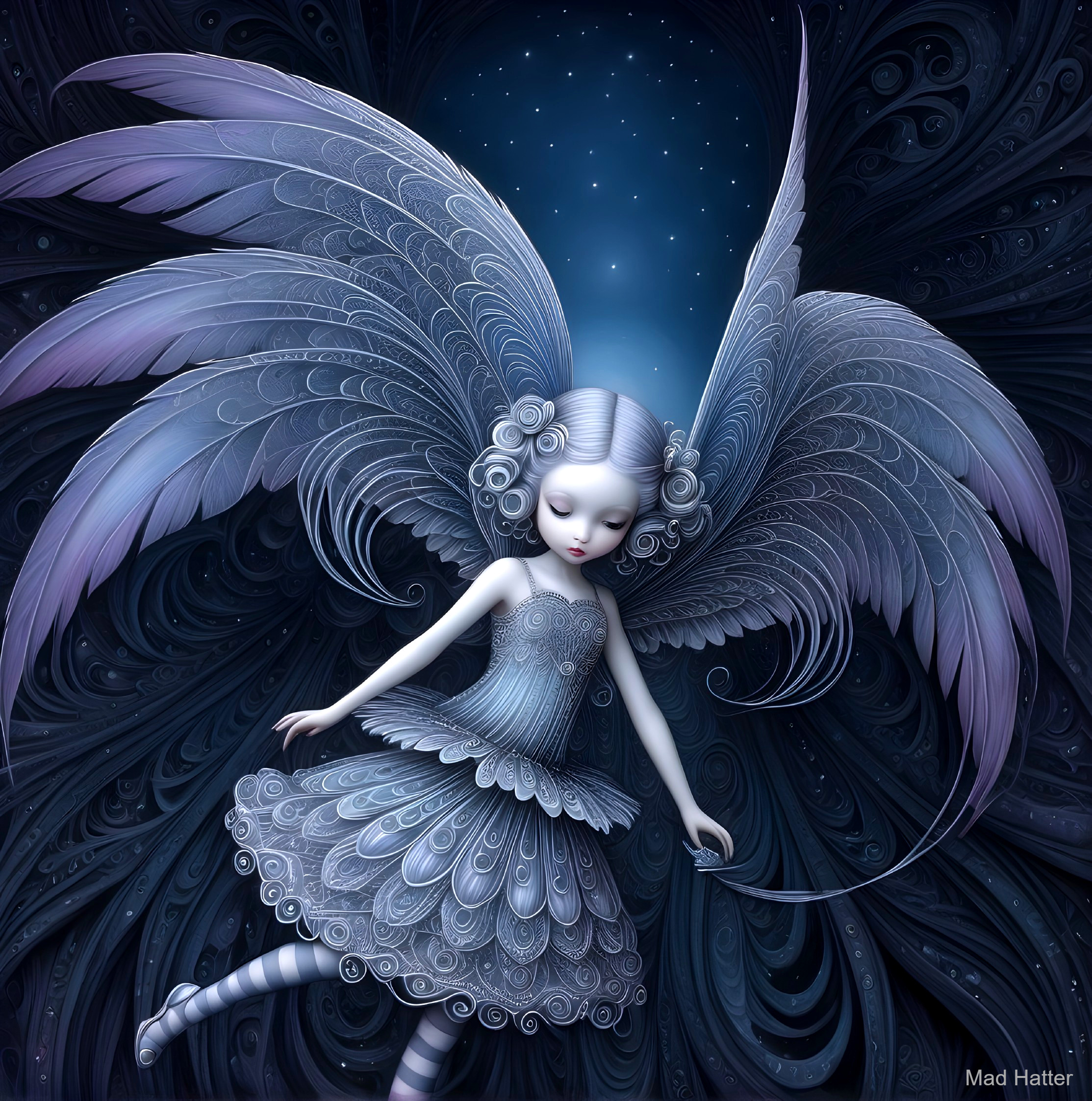 Ethereal figure with delicate wings in starry backdrop