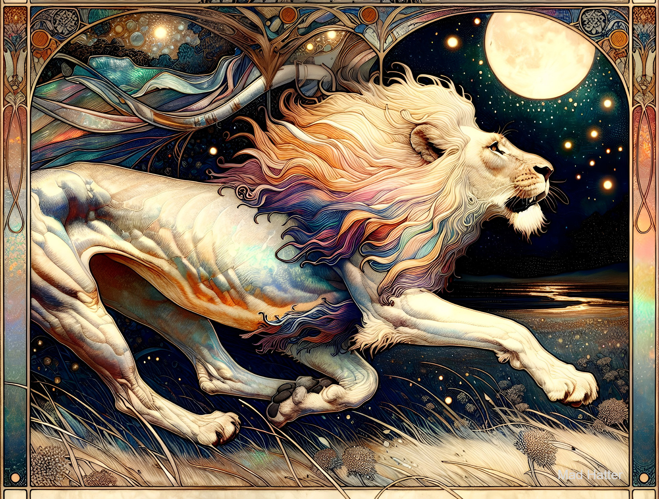 Majestic lion leaps in a vibrant, dreamy landscape