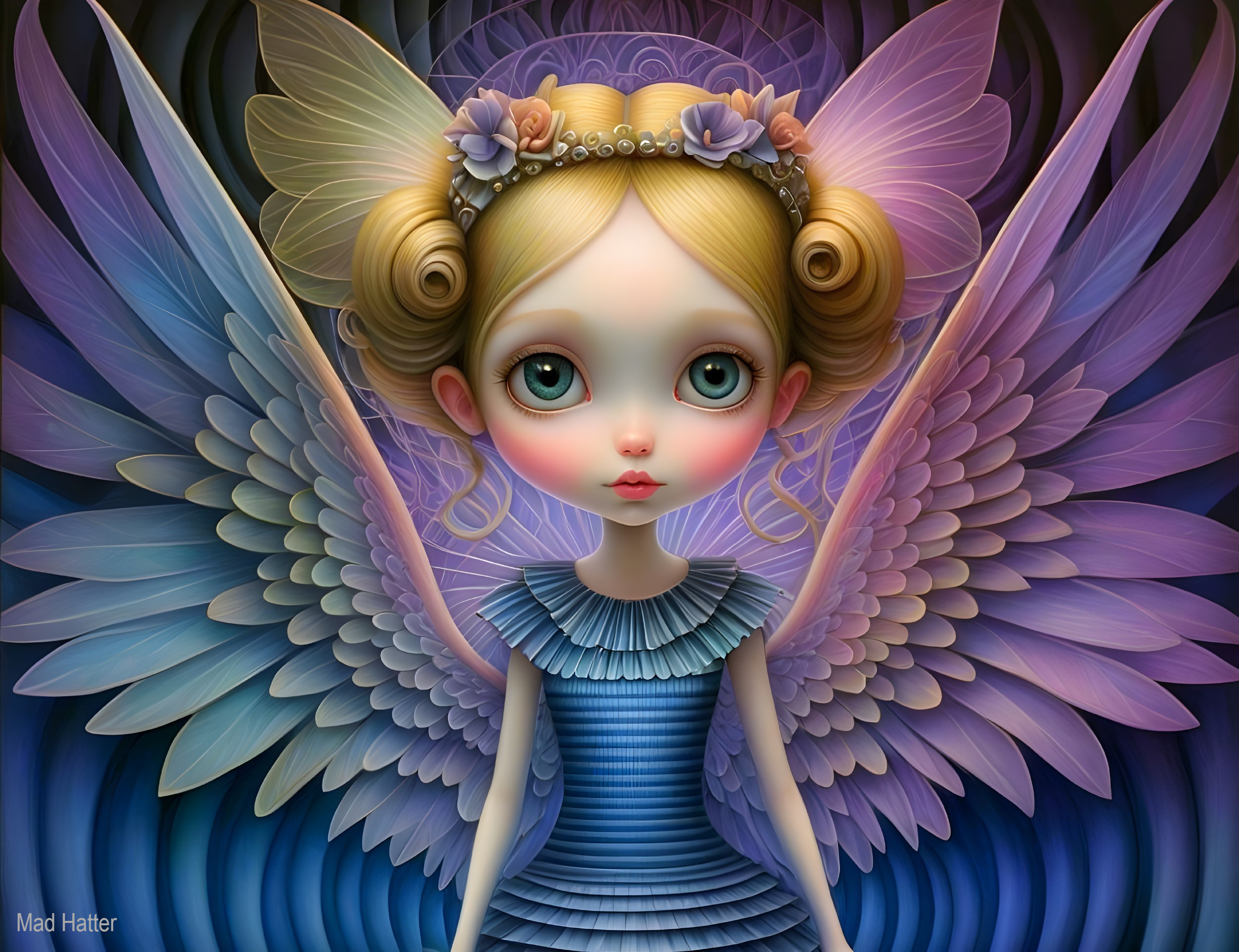 Whimsical Girl with Flower Crown and Pastel Wings