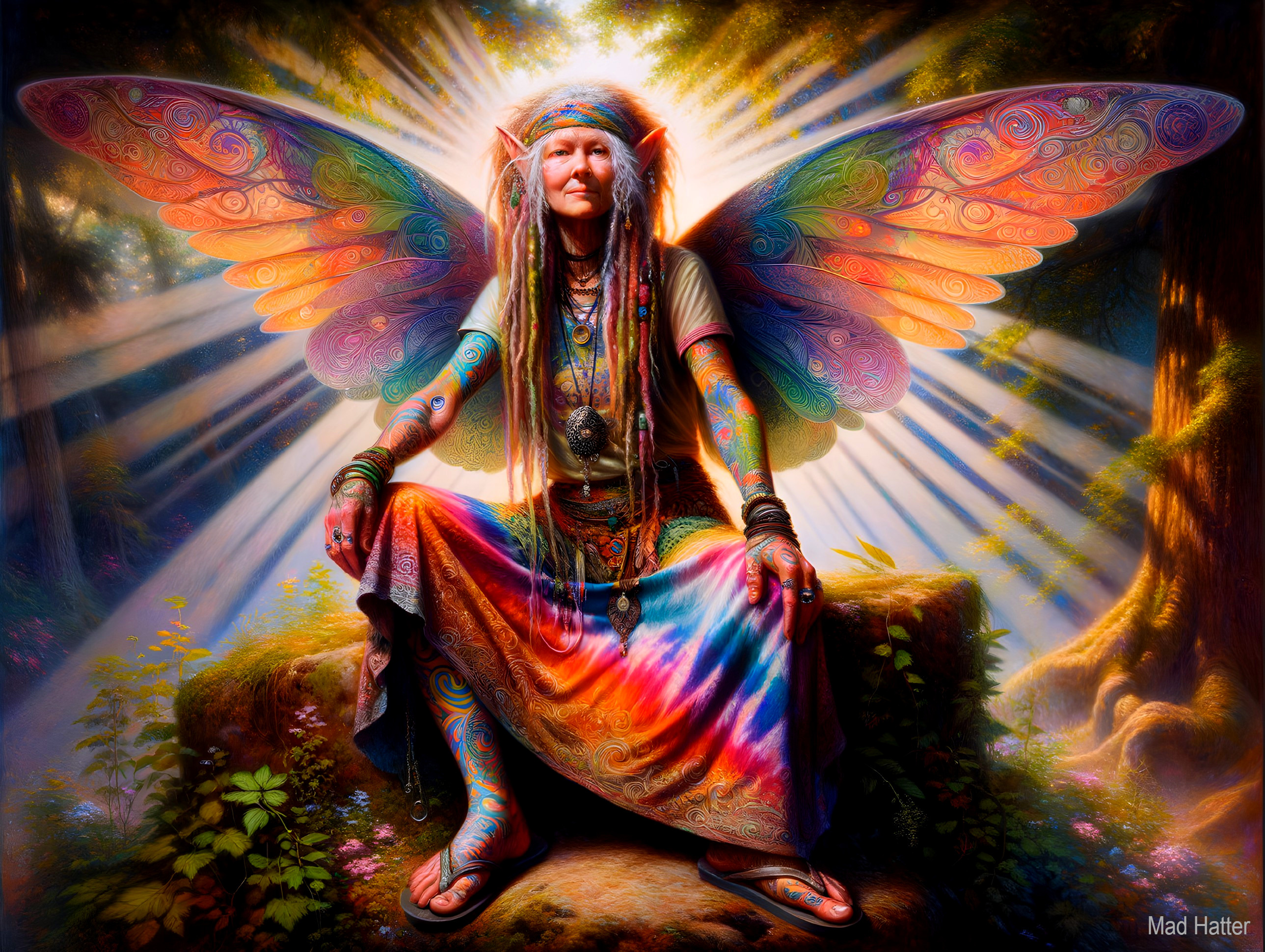 Mystical figure with wings in a vibrant forest setting