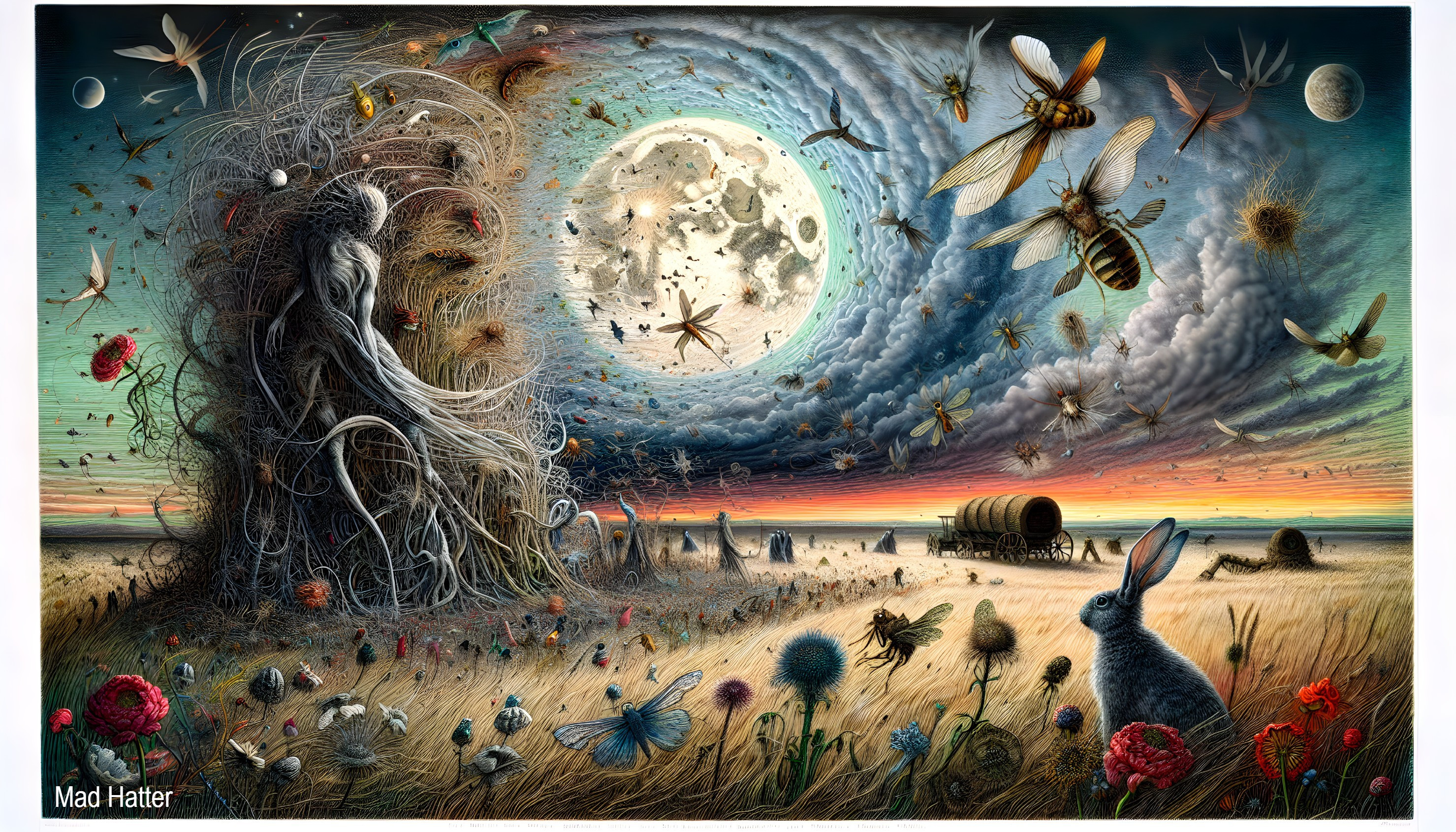 Surreal Landscape with Moon, Roots, and Vibrant Flora