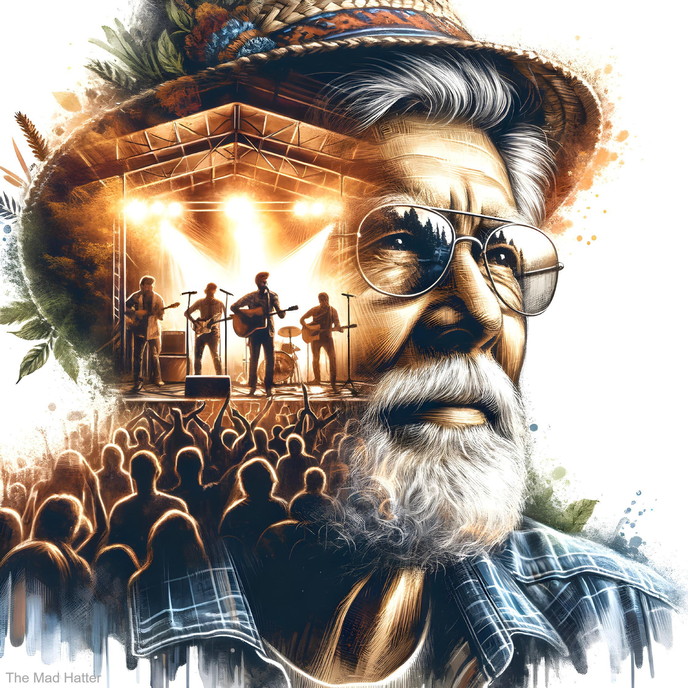 Elderly Man in Straw Hat at Vibrant Concert Scene