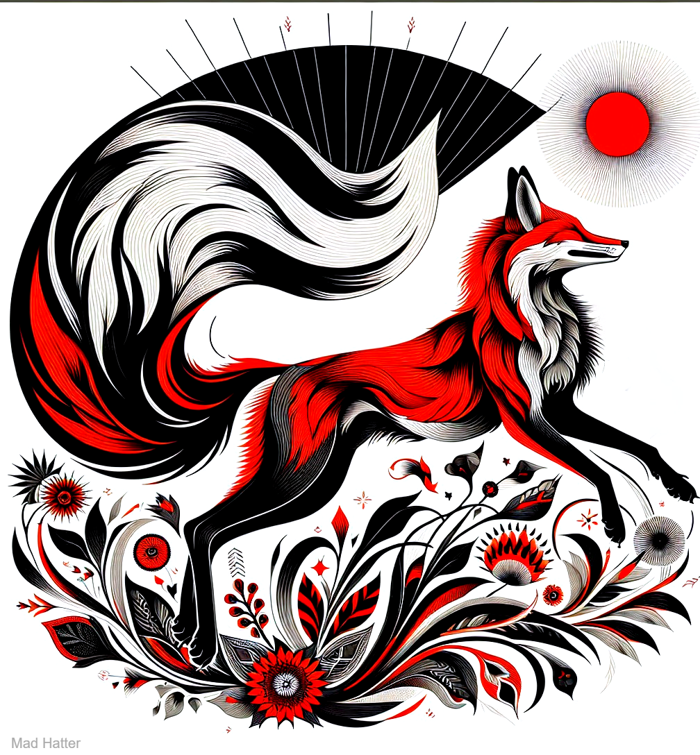 Stylized Fox Illustration in Floral Landscape Design