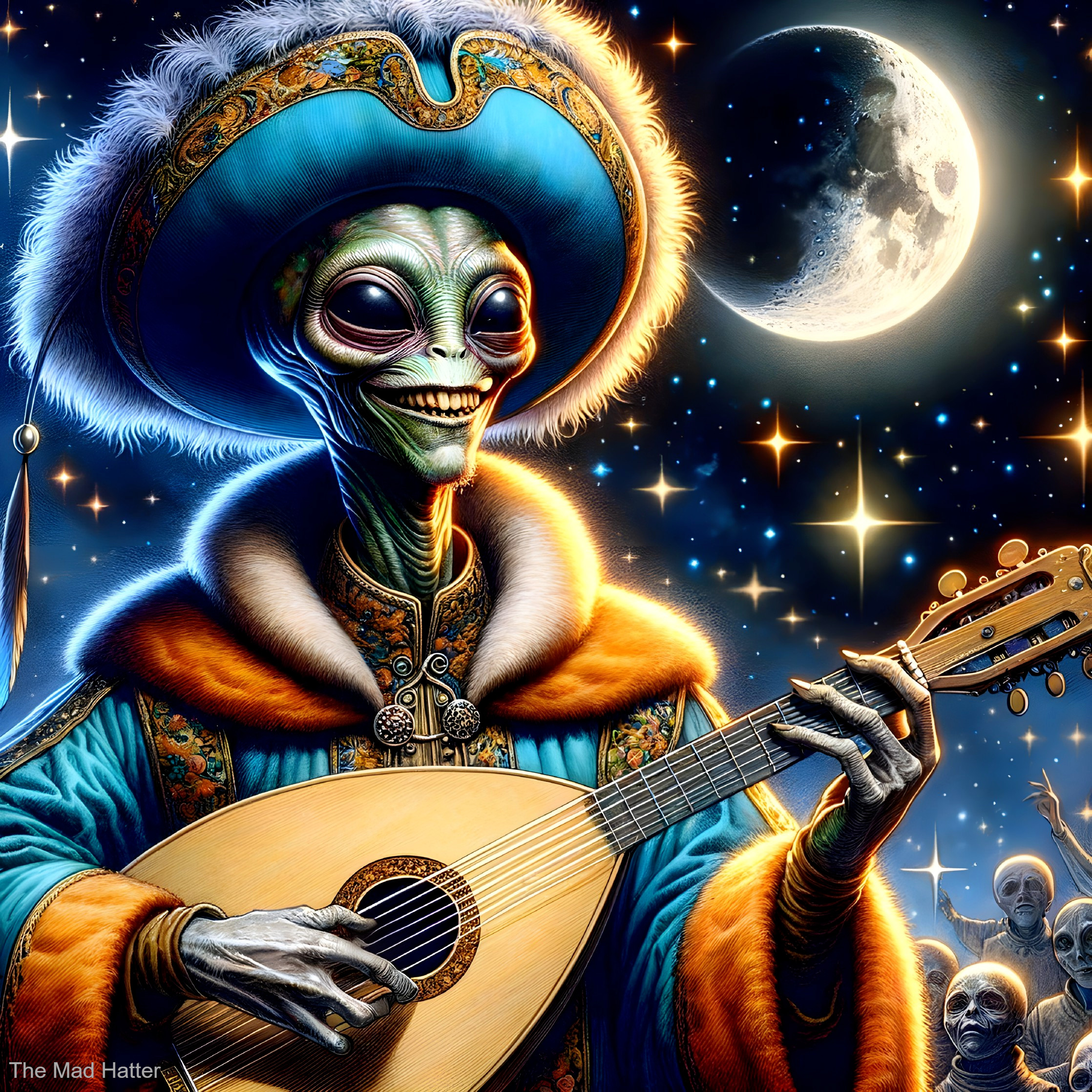 Extraterrestrial Figure Playing Lute Under Starry Sky
