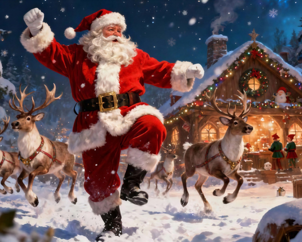Vibrant Oil Painting of Santa Claus Dancing in Snow
