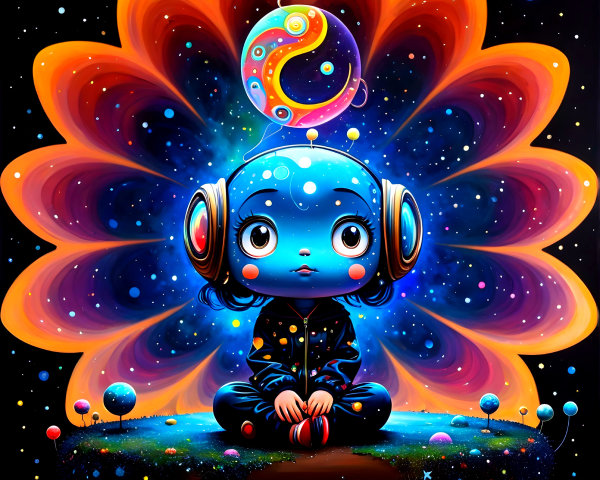 Whimsical Blue-Skinned Character in Cosmic Setting