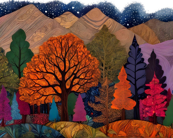 Vibrant Autumn Landscape with Trees and Mountains