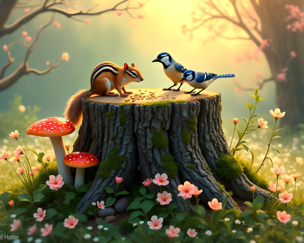 Woodland Scene with Chipmunk and Blue Jays