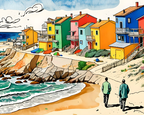 Figures Walking on Beach with Colorful Cliffside Houses