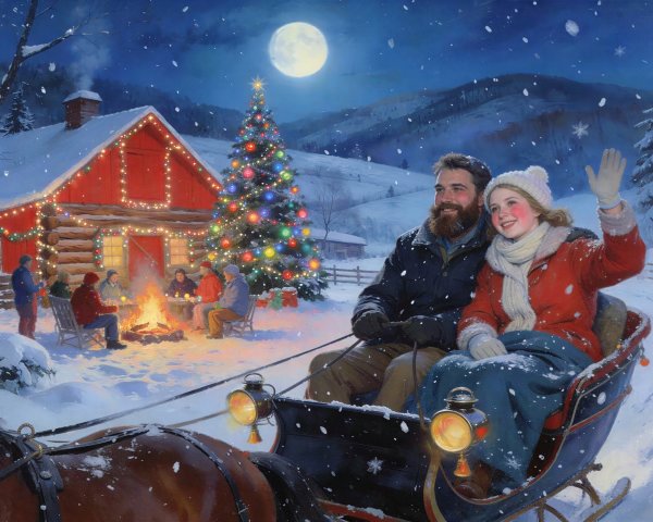 Nighttime Scene of Family in Snow by Log Cabin