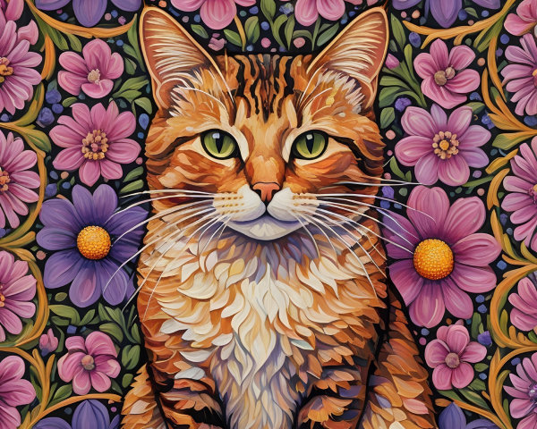 Stylized Illustration of a Cat with Floral Background