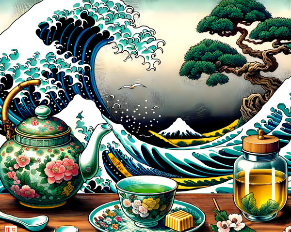 Vibrant Wave Artwork with Teapot and Mount Fuji