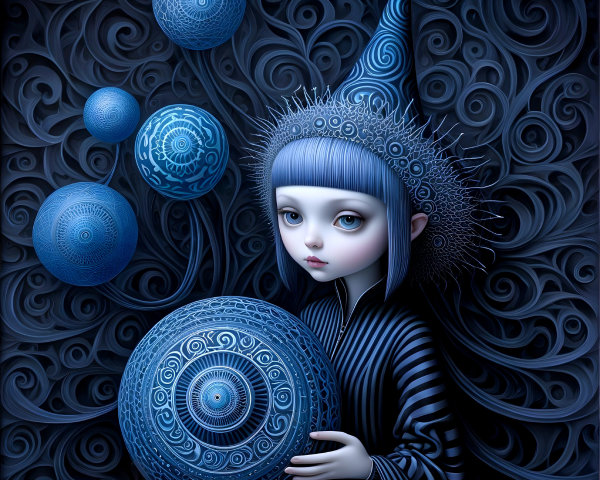Young girl in blue robes with intricate spheres